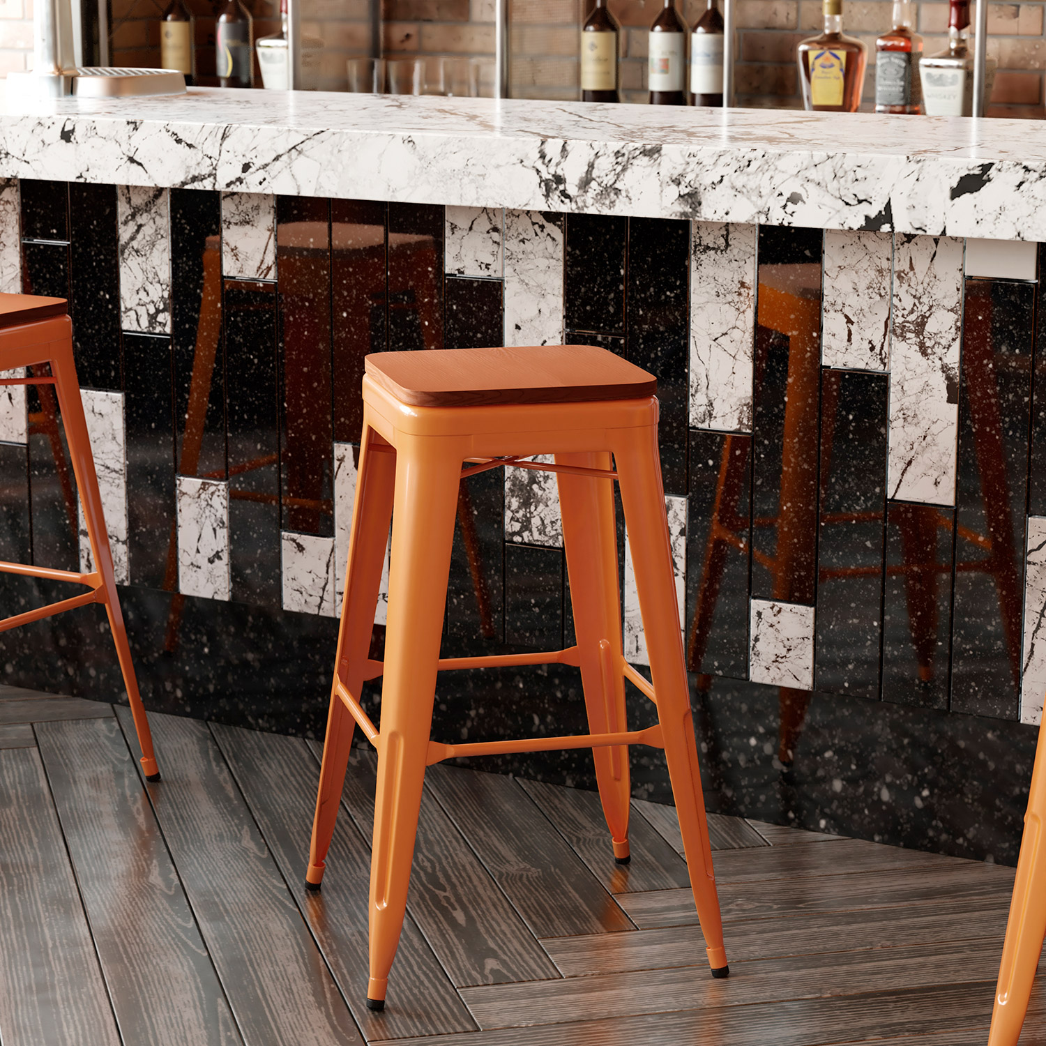 BLNK Kai Commercial Metal Backless Indoor-Outdoor Bar Stool with Poly Resin Wood Seat - Orange/Teak