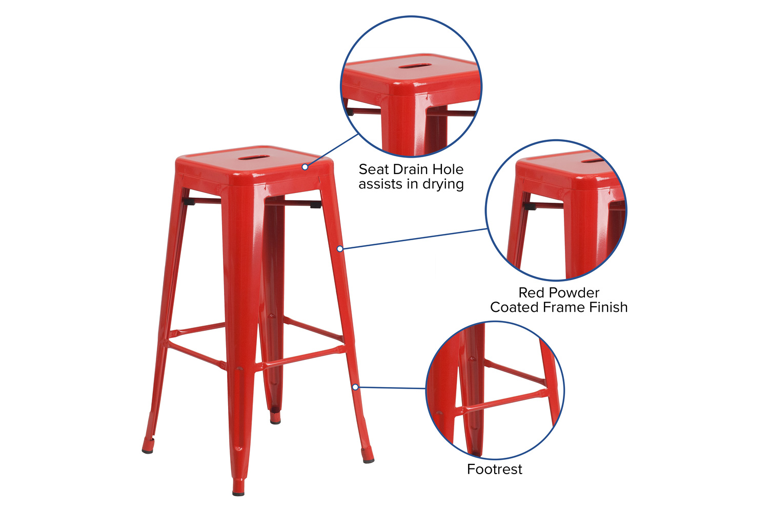 BLNK Kai Commercial Metal Backless Indoor-Outdoor Bar Stool with Square Seat - Red