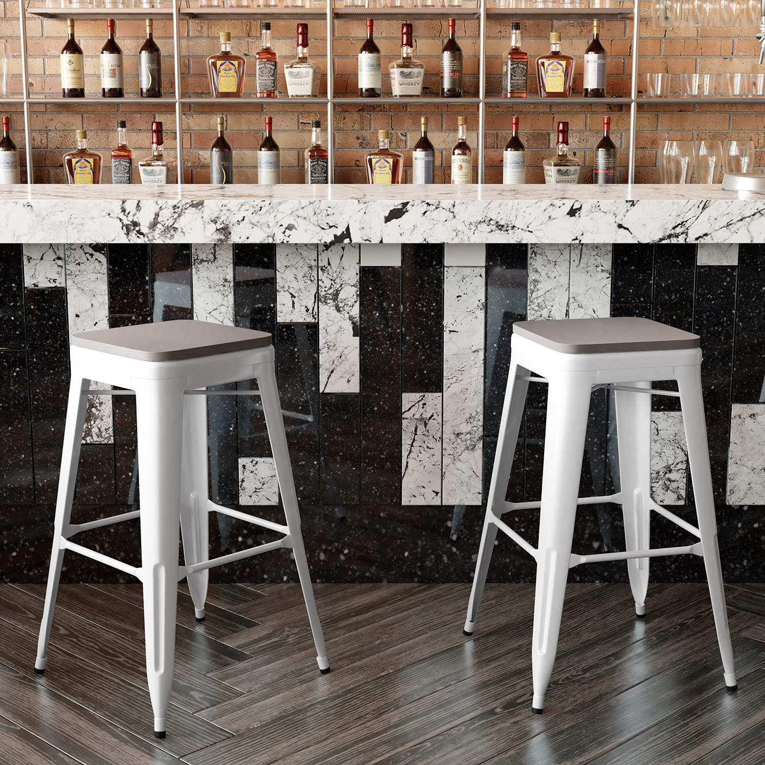 BLNK Kai Commercial Metal Backless Indoor-Outdoor Bar Stool with Poly Resin Wood Seat - White/Gray