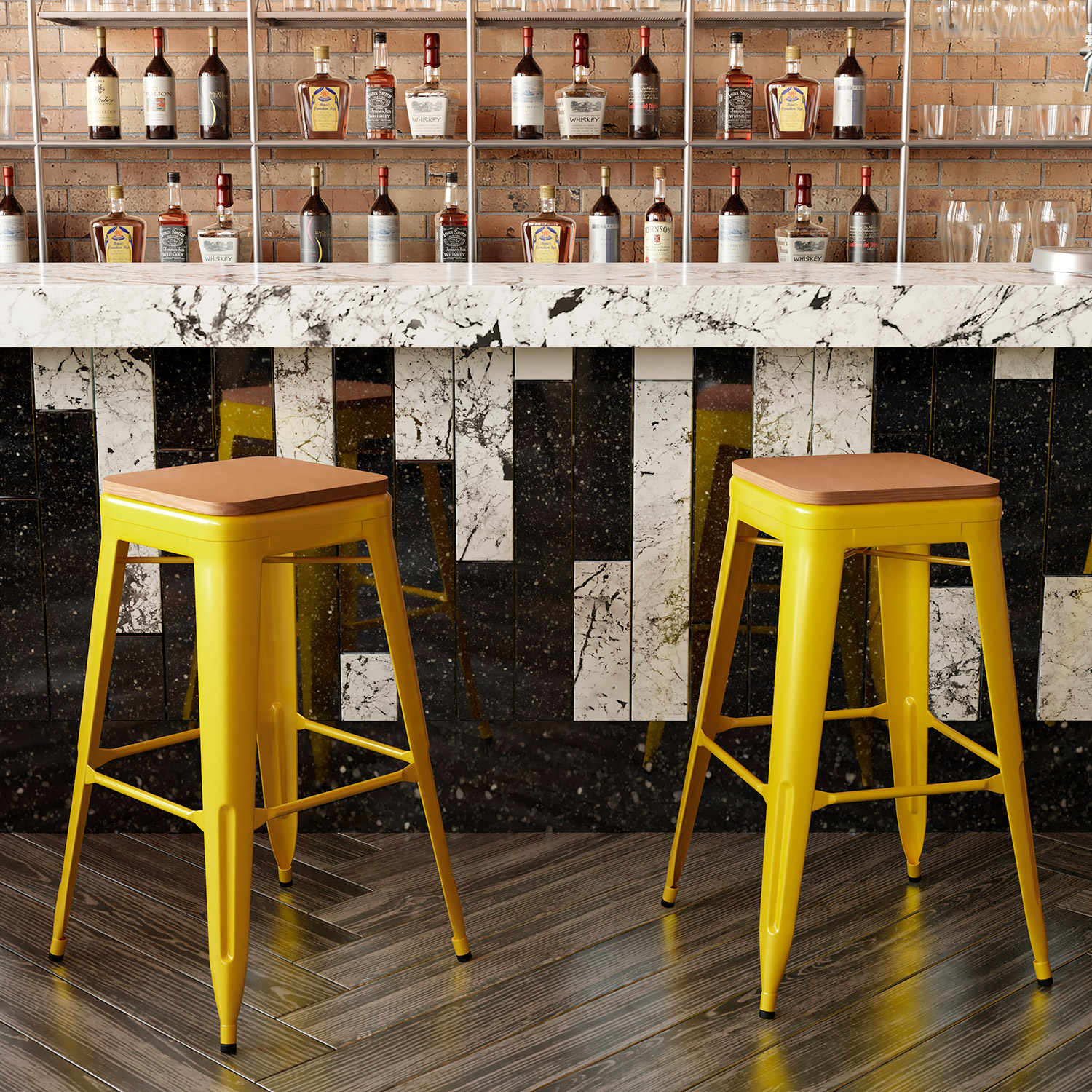 BLNK Kai Commercial Metal Backless Indoor-Outdoor Bar Stool with Poly Resin Wood Seat - Yellow/Teak