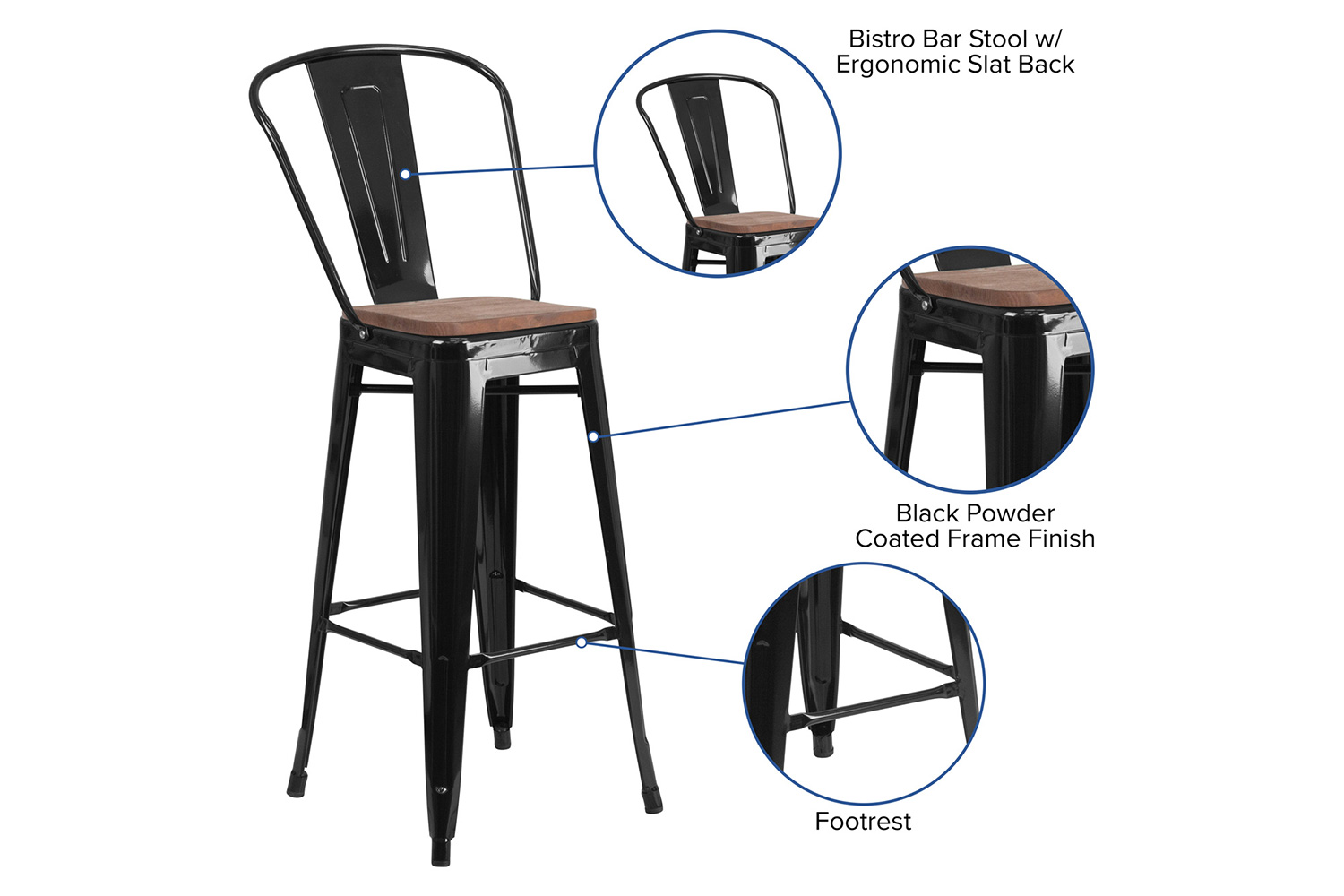 BLNK Lily Metal Bar Stool with Back and Wood Seat - Black