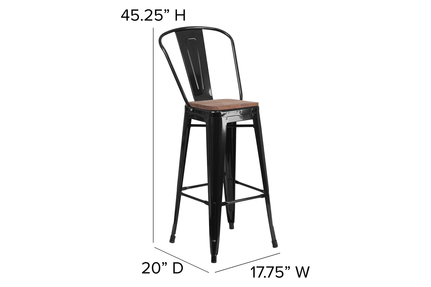BLNK Lily Metal Bar Stool with Back and Wood Seat - Black
