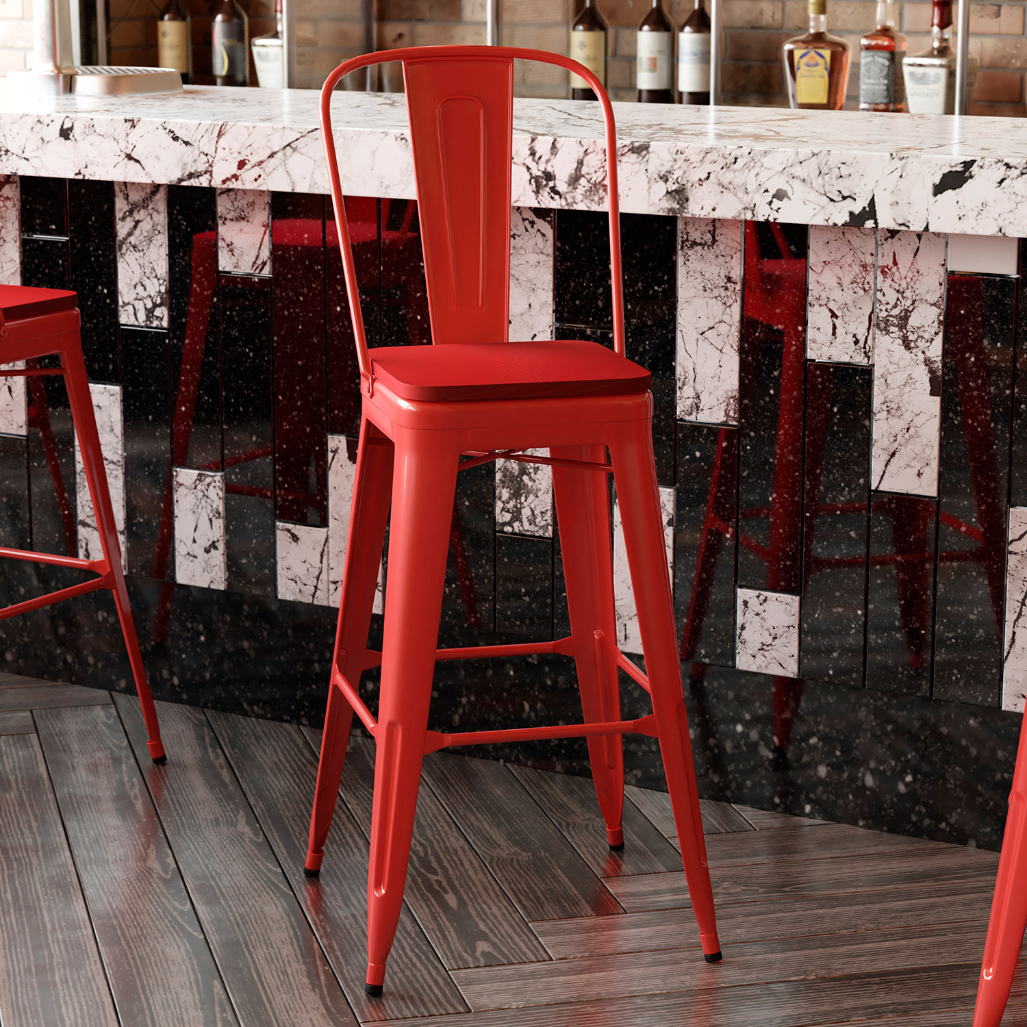 BLNK Kai Commercial All-Weather Bar Height Stool with Removable Back and Resin Seat - Red