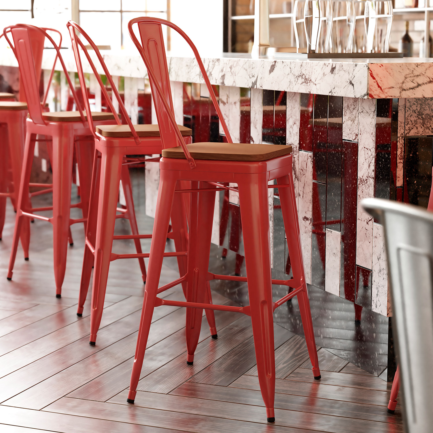 BLNK - Kai Commercial All-Weather Bar Height Stool with Removable Back and Resin Seat