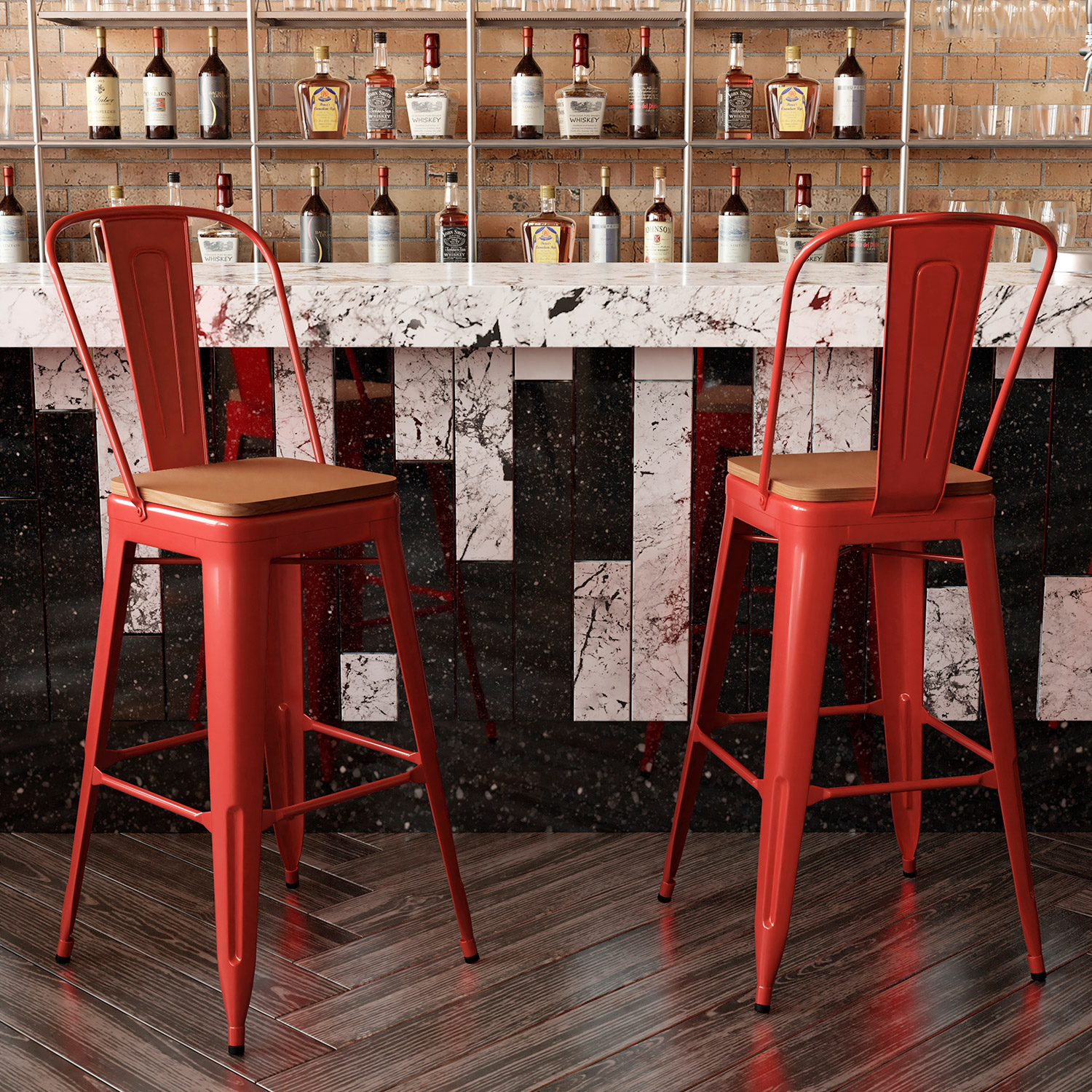 BLNK Kai Commercial All-Weather Bar Height Stool with Removable Back and Resin Seat - Red/Teak