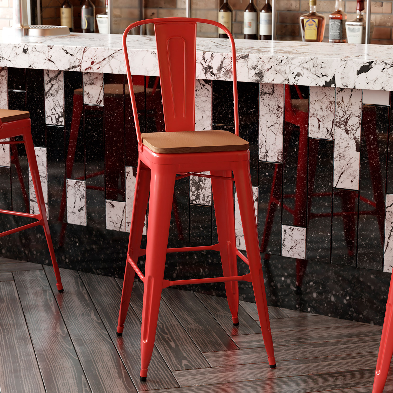 BLNK Kai Commercial All-Weather Bar Height Stool with Removable Back and Resin Seat - Red/Teak
