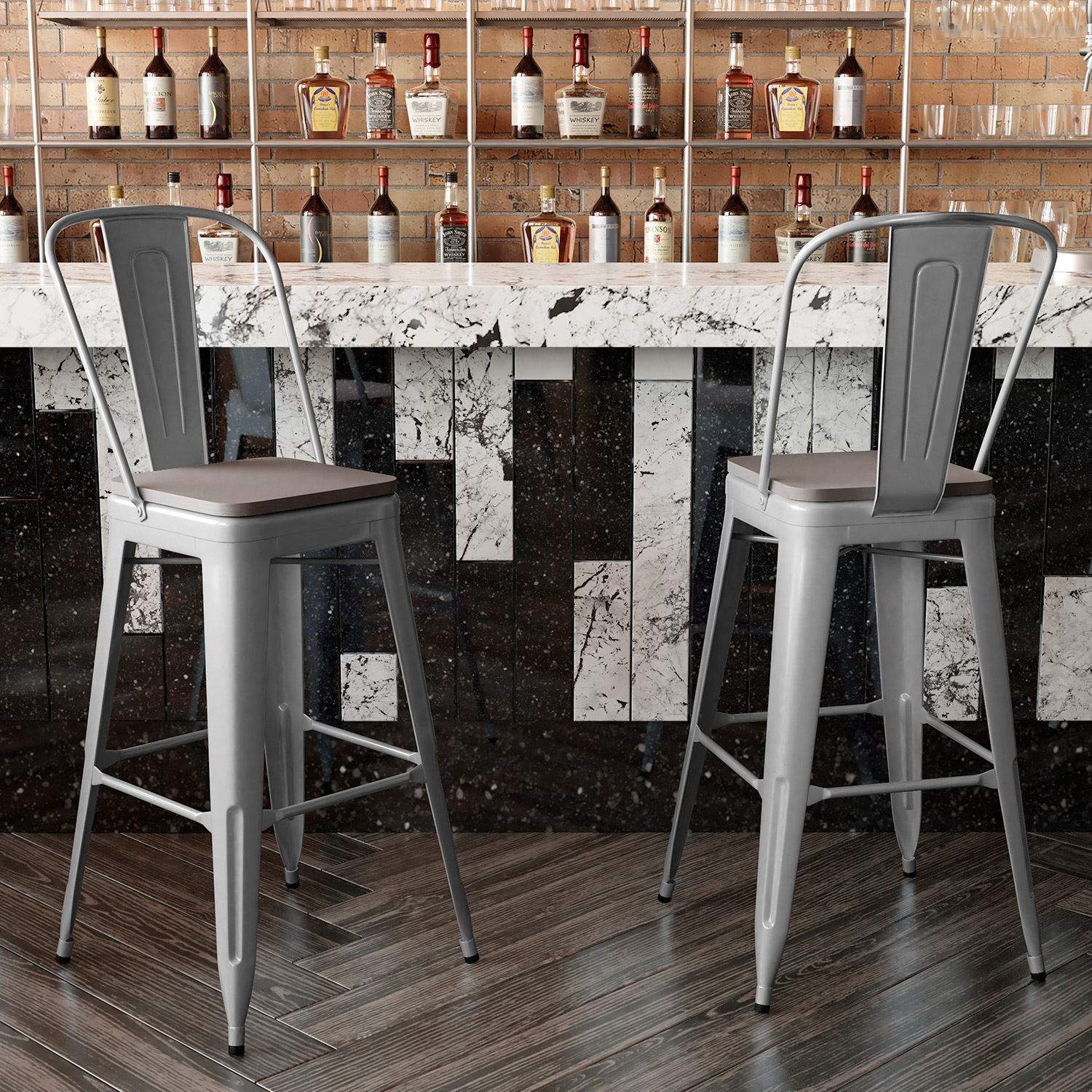 BLNK Kai Commercial All-Weather Bar Height Stool with Removable Back and Resin Seat - Silver/Gray