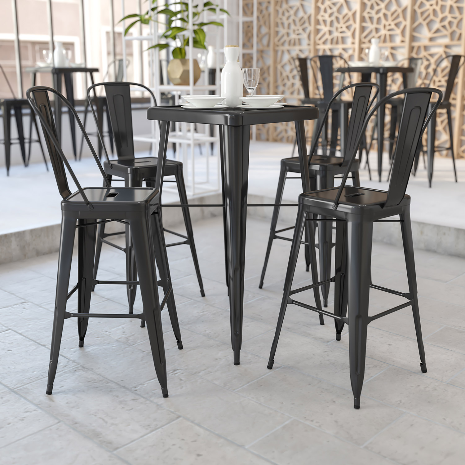 BLNK - Gable Commercial Square Metal Indoor-Outdoor Bar Table Set with 2 Stools with Backs