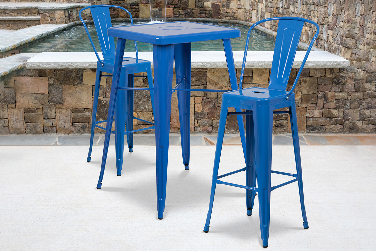 BLNK - Gable Commercial Square Metal Indoor-Outdoor Bar Table Set with 2 Stools with Backs