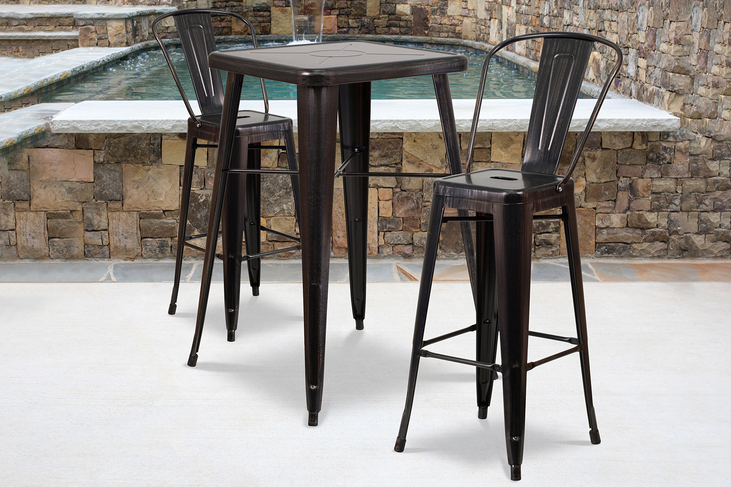 BLNK - Gable Commercial Square Metal Indoor-Outdoor Bar Table Set with 2 Stools with Backs