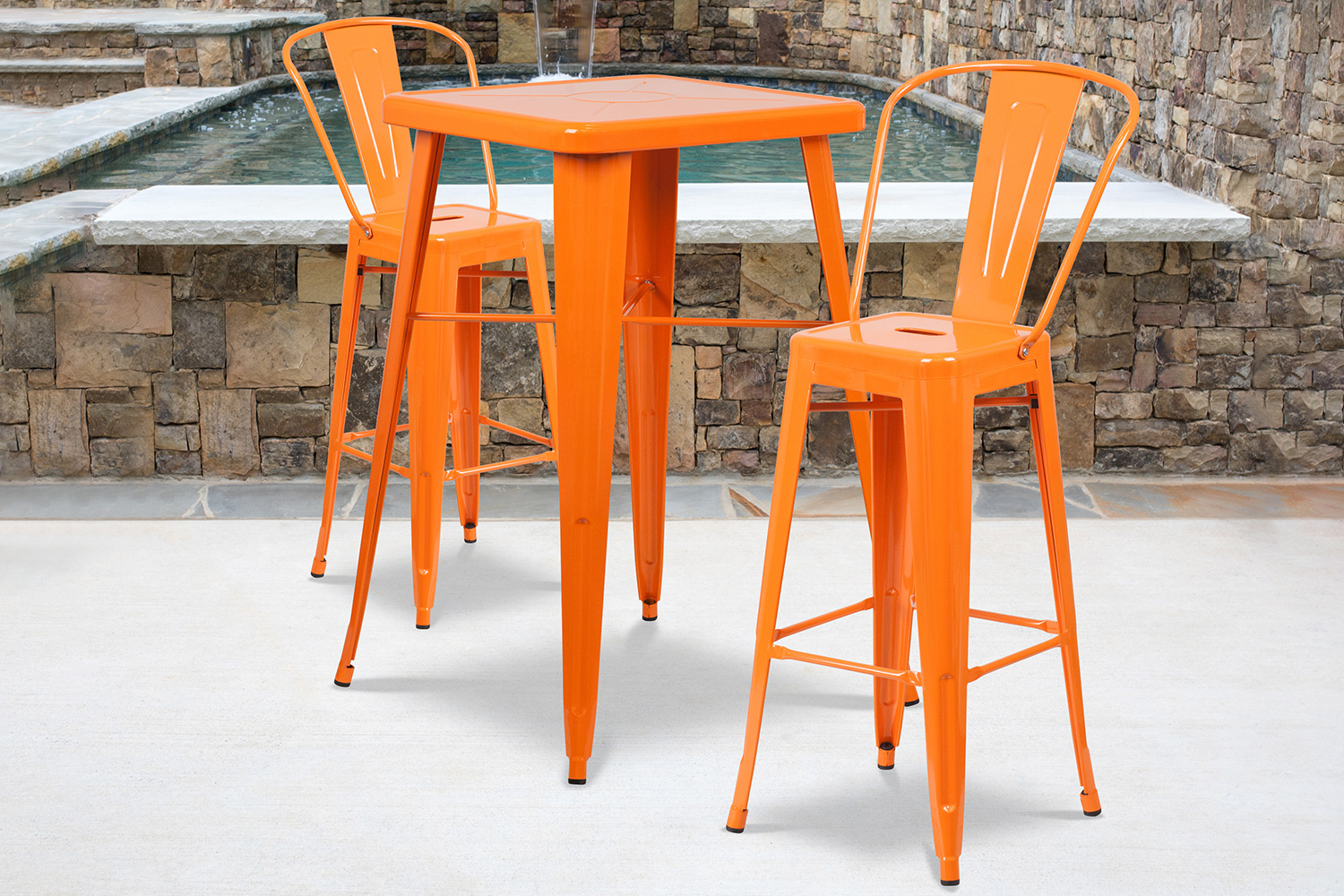 BLNK - Gable Commercial Square Metal Indoor-Outdoor Bar Table Set with 2 Stools with Backs