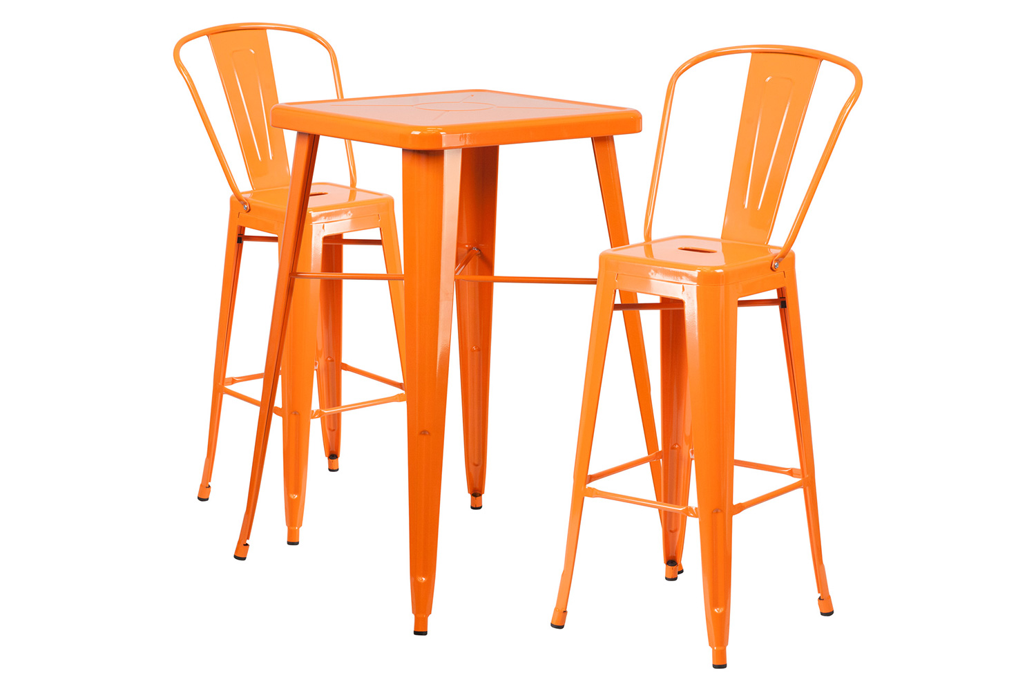 BLNK Gable Commercial Square Metal Indoor-Outdoor Bar Table Set with 2 Stools with Backs - Orange