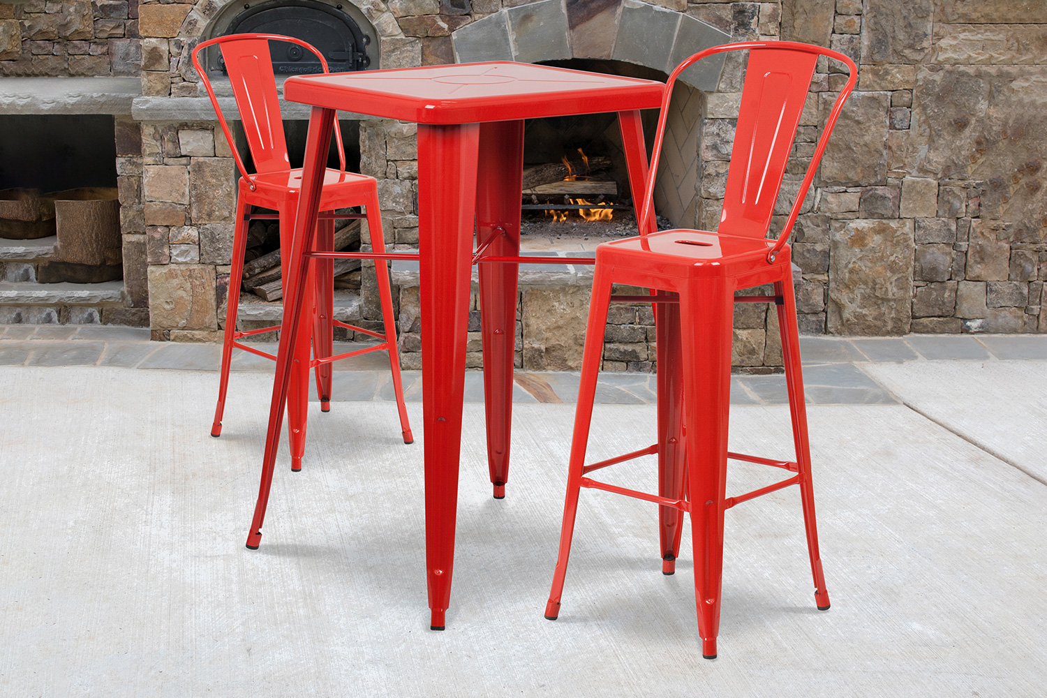 BLNK - Gable Commercial Square Metal Indoor-Outdoor Bar Table Set with 2 Stools with Backs