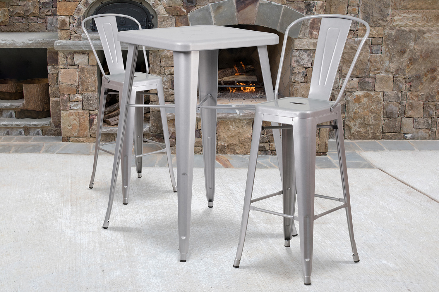 BLNK - Gable Commercial Square Metal Indoor-Outdoor Bar Table Set with 2 Stools with Backs