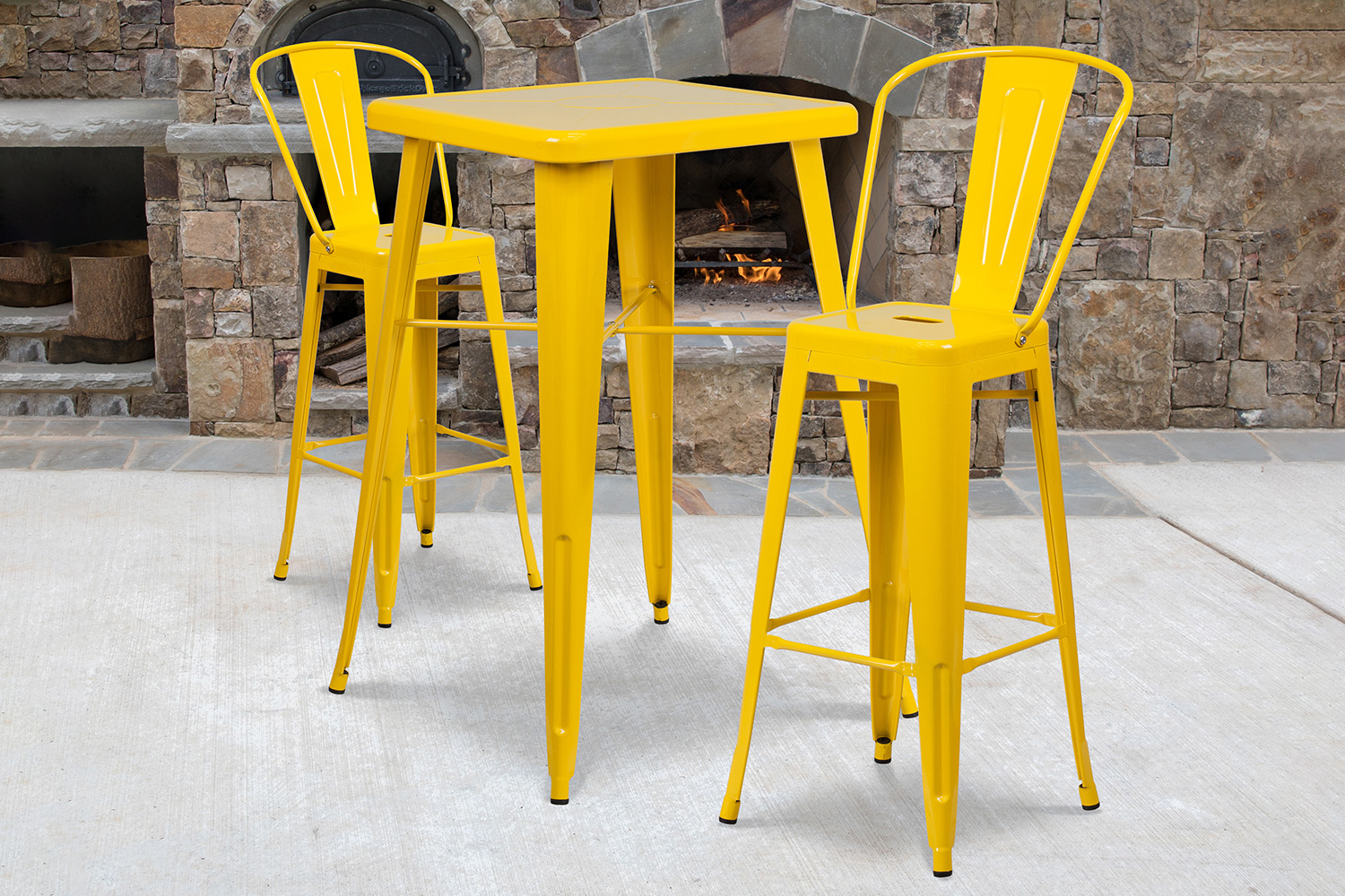 BLNK - Gable Commercial Square Metal Indoor-Outdoor Bar Table Set with 2 Stools with Backs