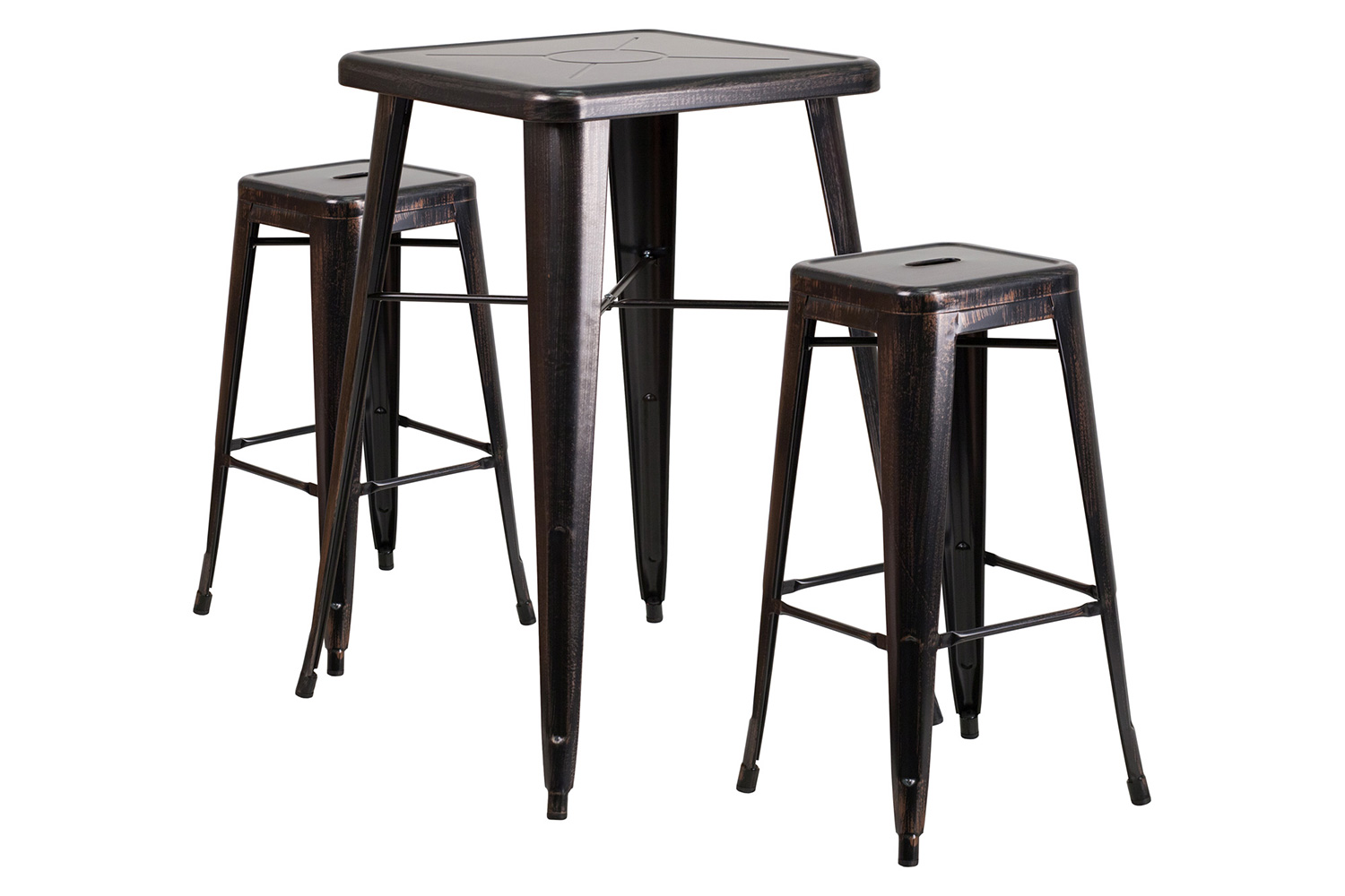 BLNK Stone Commercial Square Metal Indoor-Outdoor Bar Table Set with 2 Square Seat Backless Stools - Black/Antique Gold