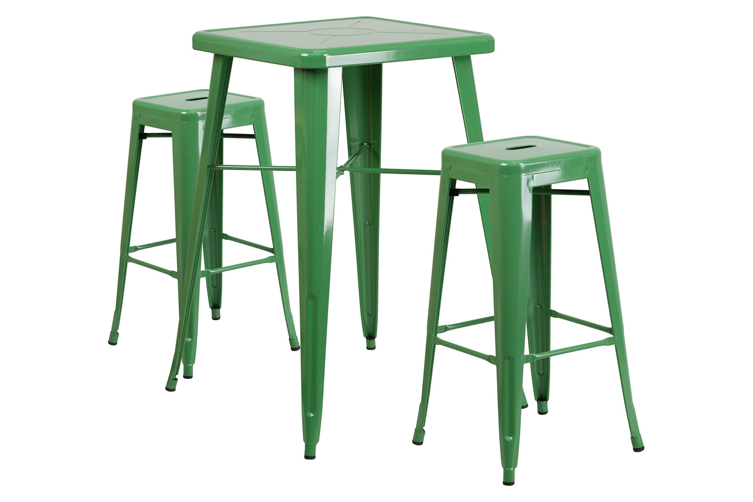 BLNK Stone Commercial Square Metal Indoor-Outdoor Bar Table Set with 2 Square Seat Backless Stools - Green