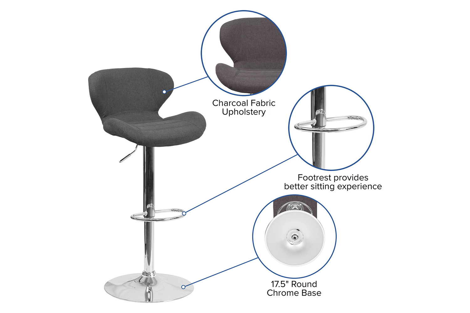 BLNK Francis Fabric Adjustable Height Bar Stool with Curved Back and Chrome Base - Charcoal