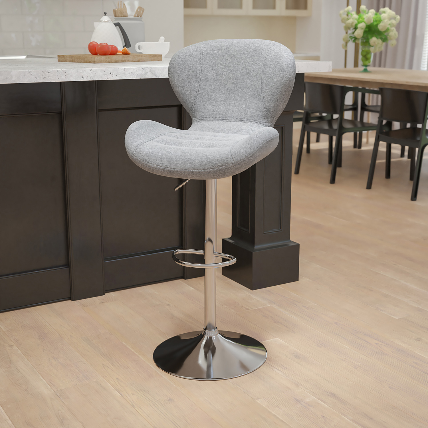 BLNK - Francis Fabric Adjustable Height Bar Stool with Curved Back and Chrome Base