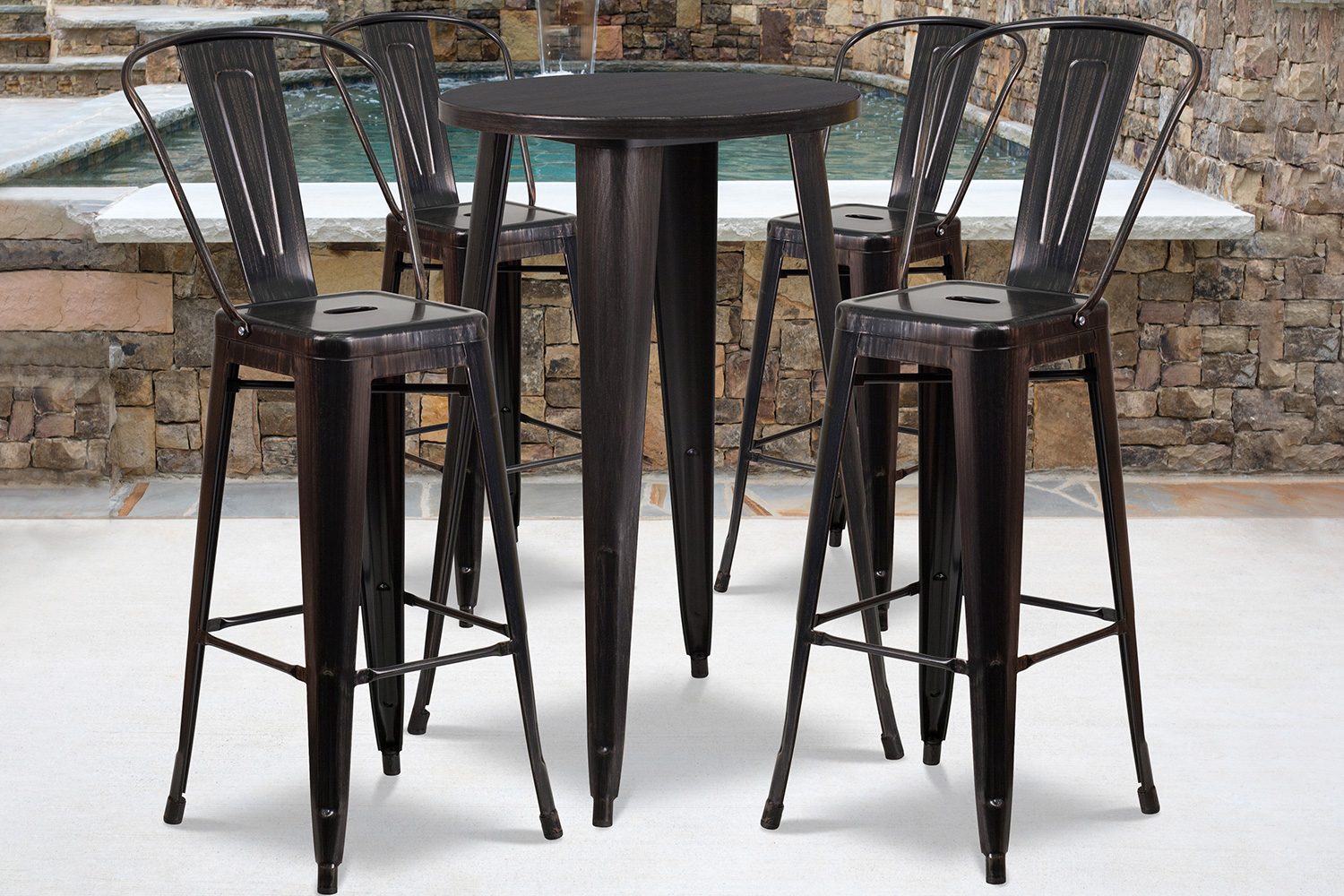 BLNK - Dexter Commercial Round Metal Indoor-Outdoor Bar Table Set with 4 Cafe Stools
