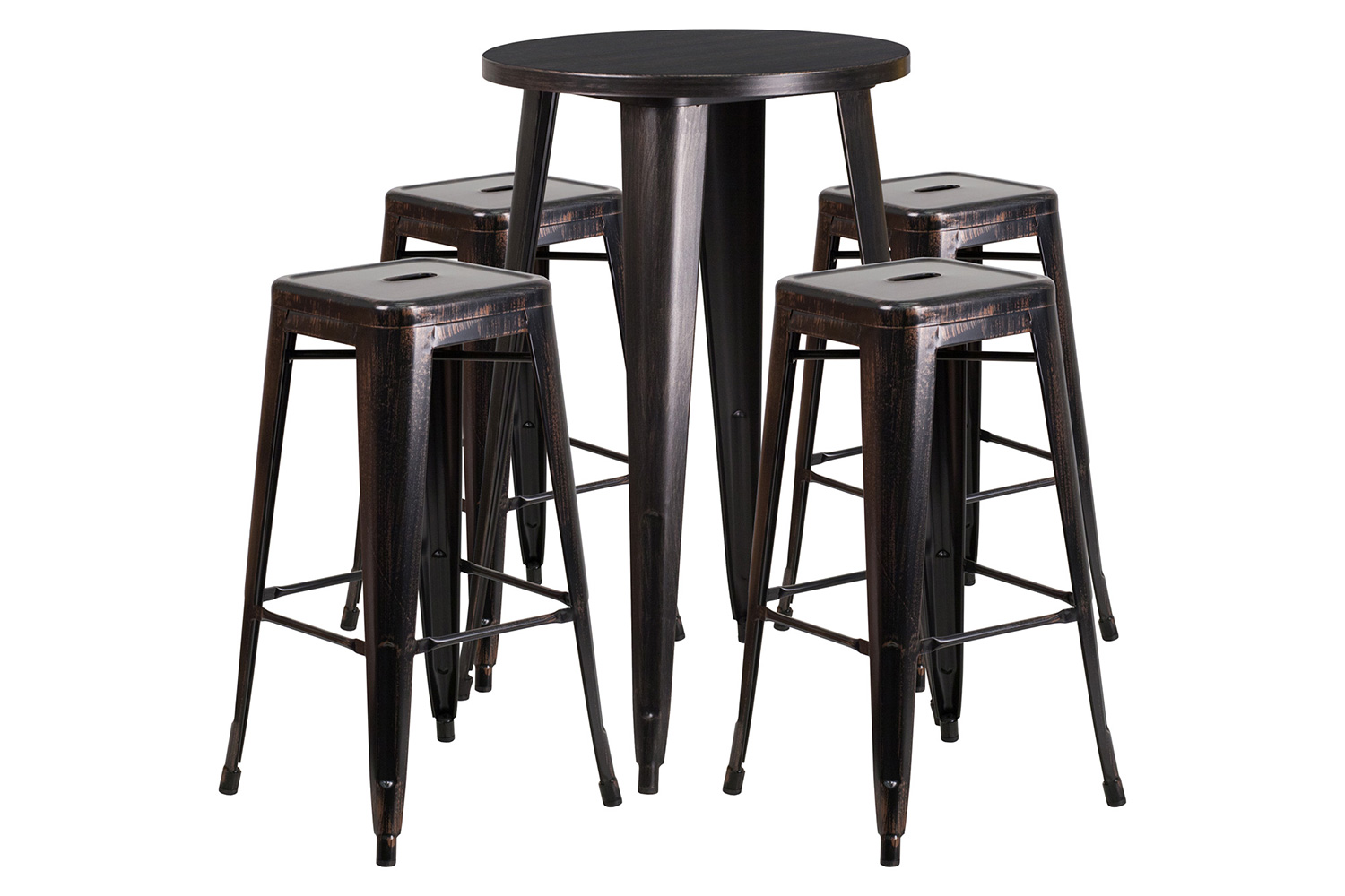 BLNK Ormsby Commercial Round Metal Indoor-Outdoor Bar Table Set with 4 Square Seat Backless Stools - Black/Antique Gold