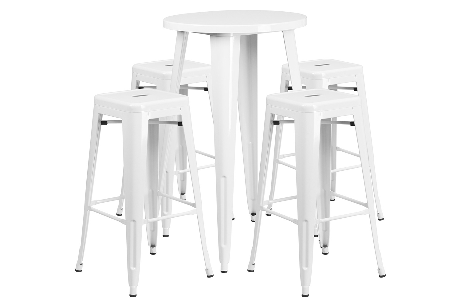 BLNK Ormsby Commercial Round Metal Indoor-Outdoor Bar Table Set with 4 Square Seat Backless Stools - White