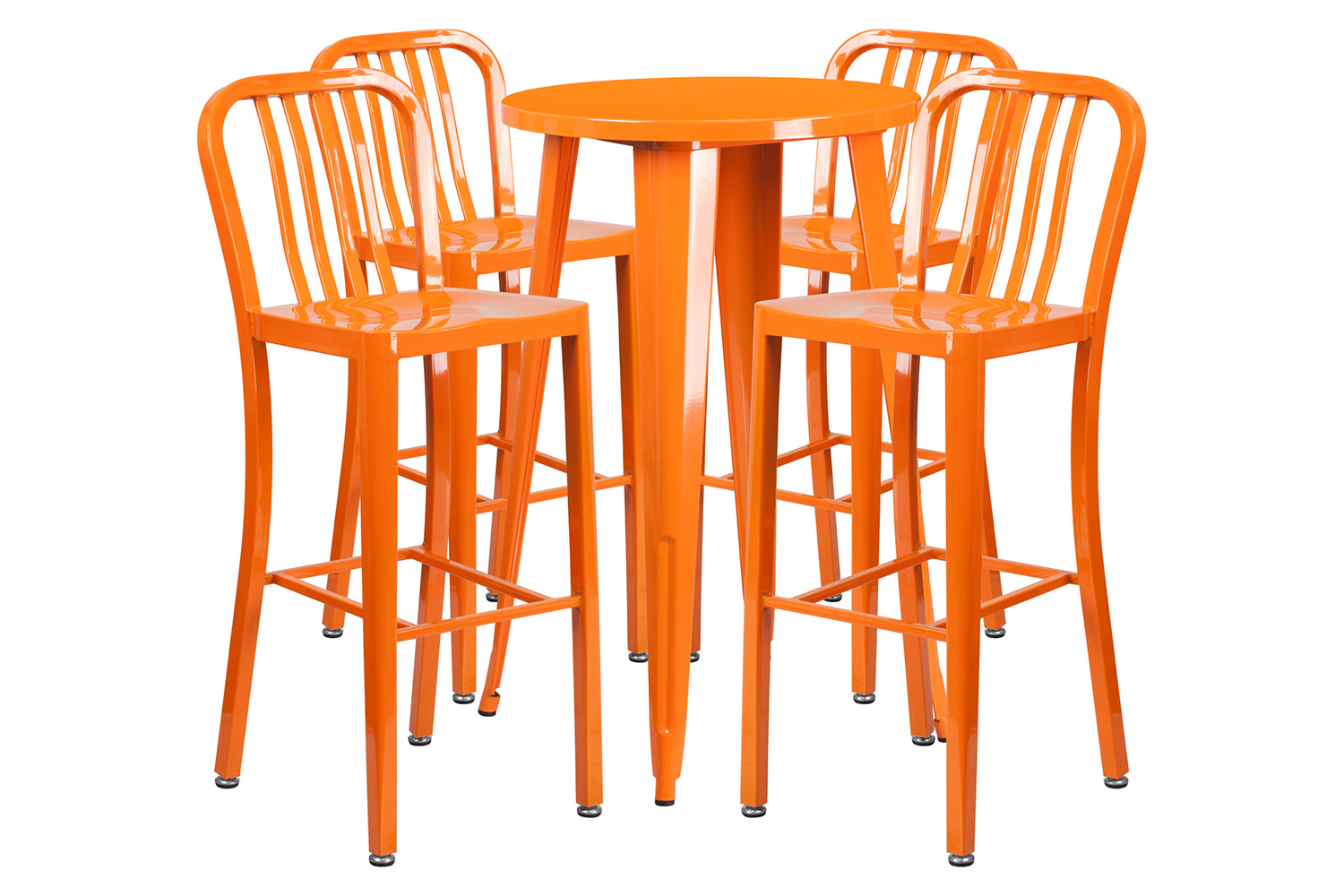 BLNK Richard Commercial Round Metal Indoor-Outdoor Bar Table Set with 4 Vertical Slat Back Stools - Orange