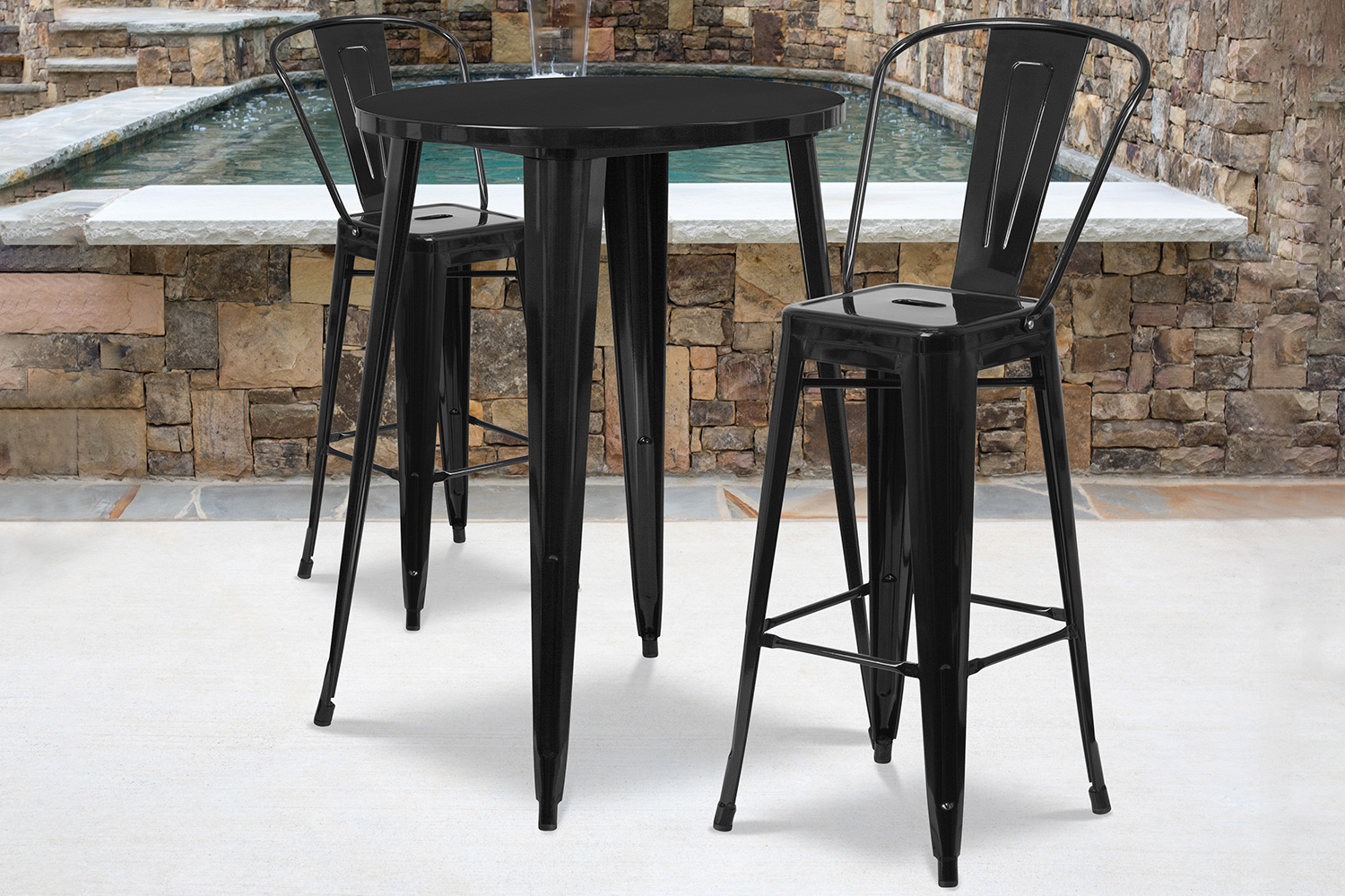 BLNK - Caron Commercial Round Metal Indoor-Outdoor Bar Table Set with 2 Cafe Stools