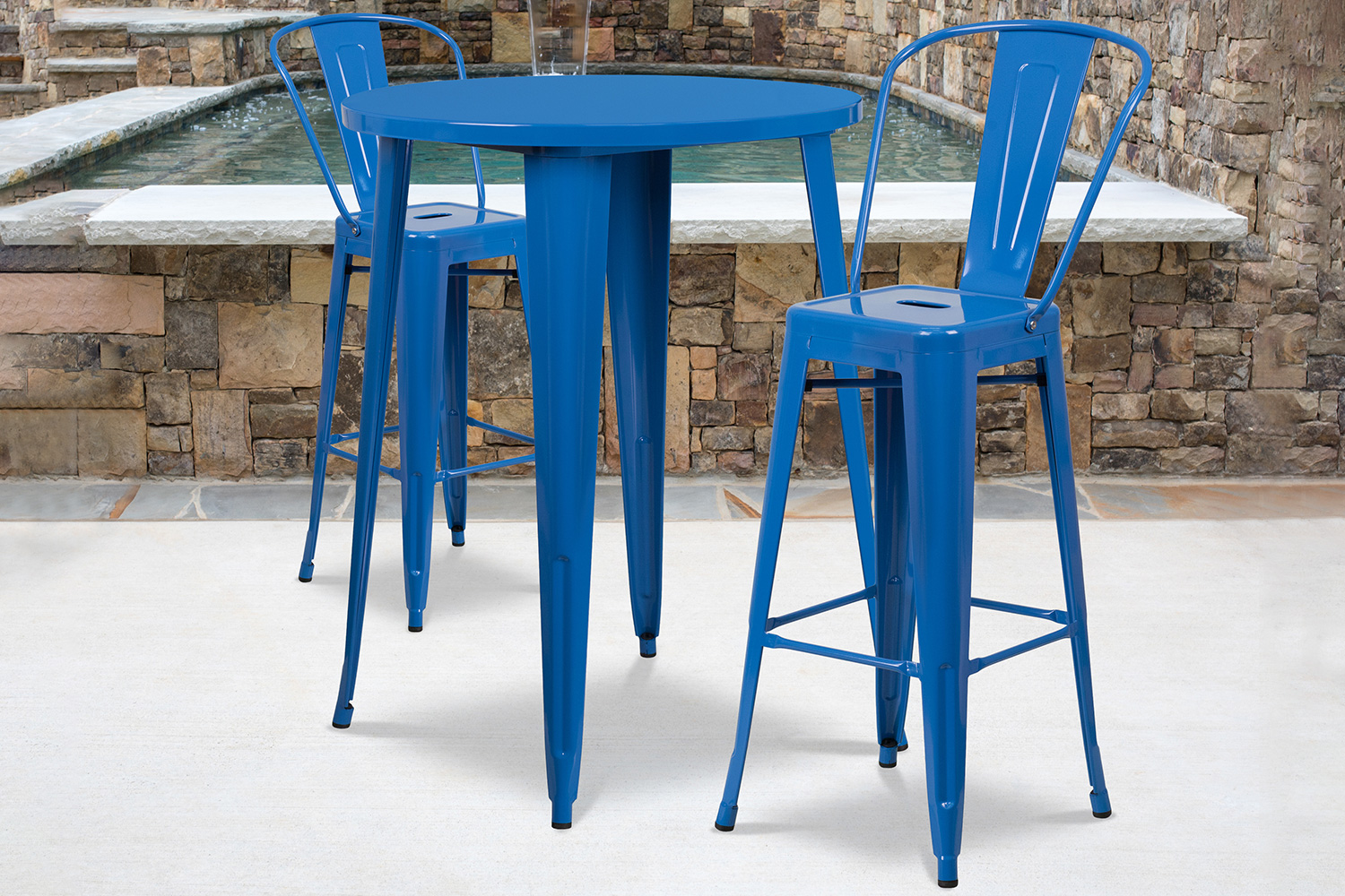 BLNK - Caron Commercial Round Metal Indoor-Outdoor Bar Table Set with 2 Cafe Stools