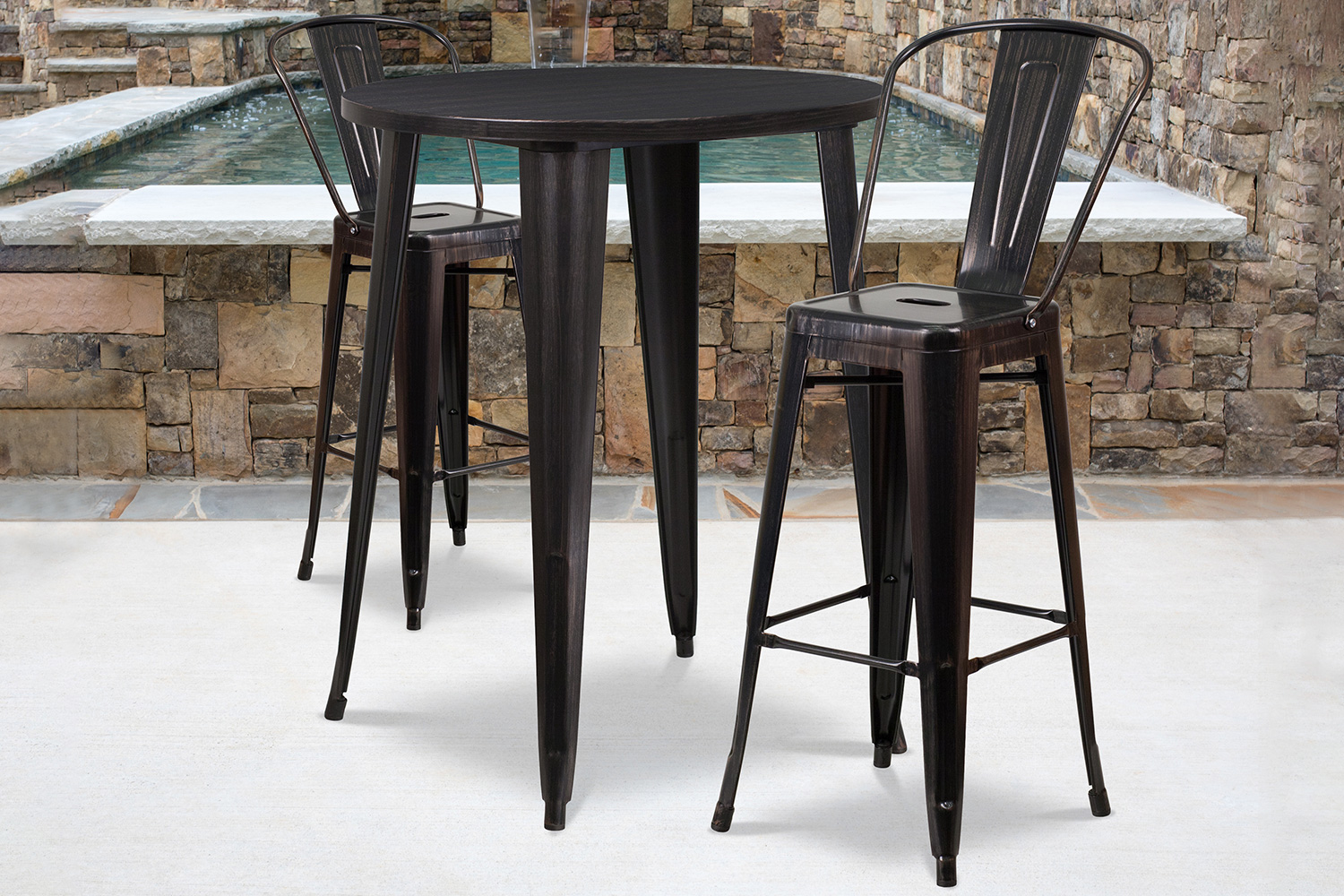 BLNK - Caron Commercial Round Metal Indoor-Outdoor Bar Table Set with 2 Cafe Stools