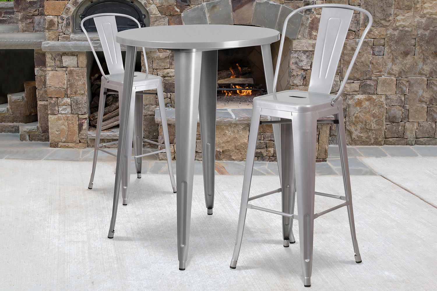 BLNK - Caron Commercial Round Metal Indoor-Outdoor Bar Table Set with 2 Cafe Stools