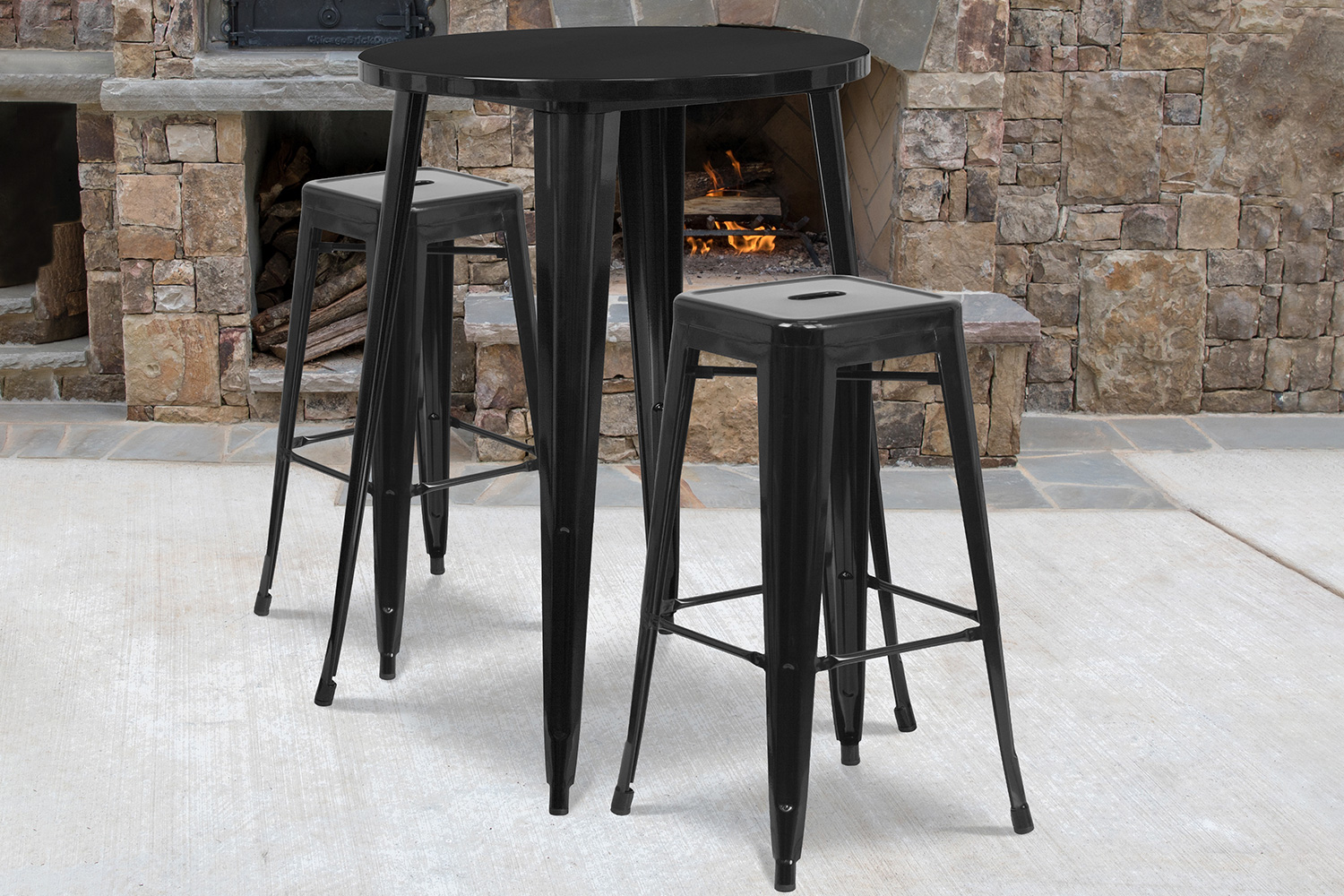 BLNK - Boyd Commercial Round Metal Indoor-Outdoor Bar Table Set with 2 Square Seat Backless Stools