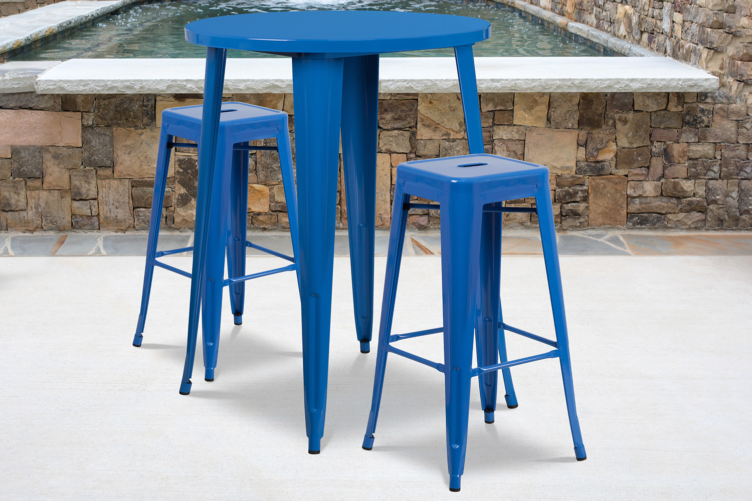 BLNK - Boyd Commercial Round Metal Indoor-Outdoor Bar Table Set with 2 Square Seat Backless Stools