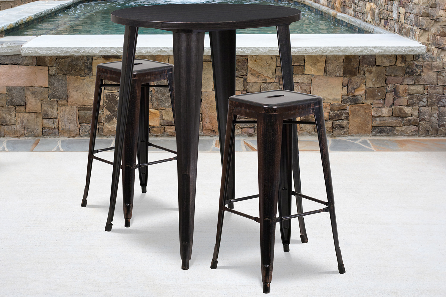 BLNK - Boyd Commercial Round Metal Indoor-Outdoor Bar Table Set with 2 Square Seat Backless Stools