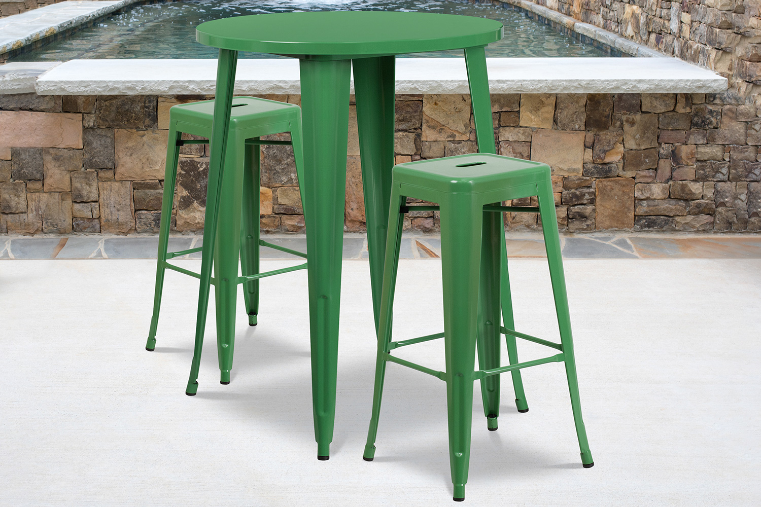 BLNK - Boyd Commercial Round Metal Indoor-Outdoor Bar Table Set with 2 Square Seat Backless Stools