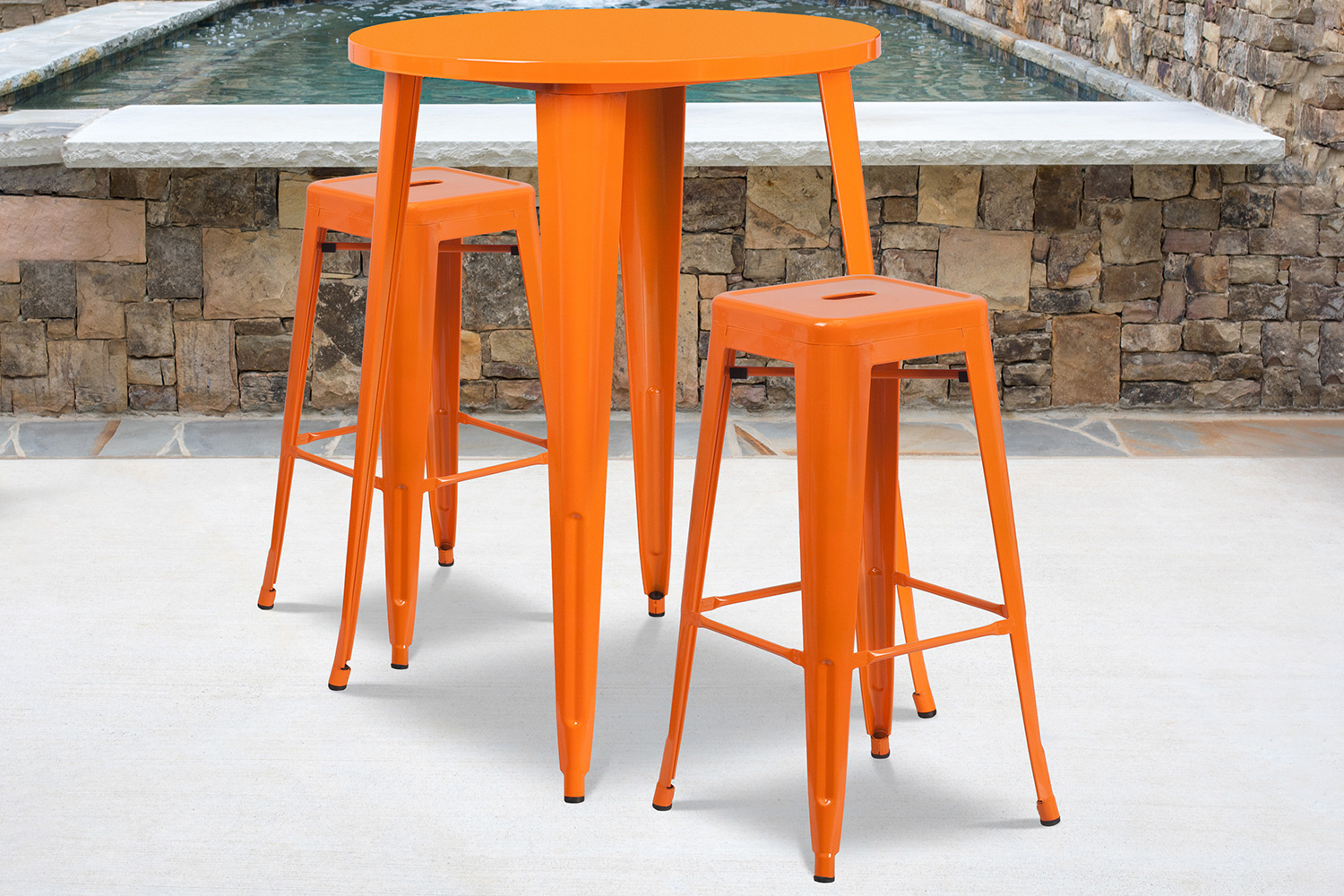 BLNK - Boyd Commercial Round Metal Indoor-Outdoor Bar Table Set with 2 Square Seat Backless Stools