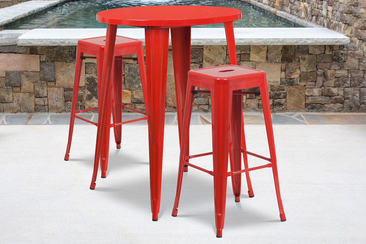 BLNK - Boyd Commercial Round Metal Indoor-Outdoor Bar Table Set with 2 Square Seat Backless Stools