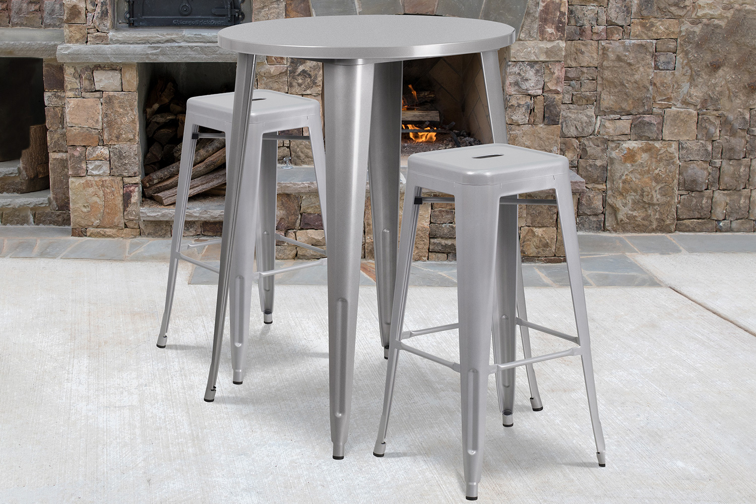 BLNK - Boyd Commercial Round Metal Indoor-Outdoor Bar Table Set with 2 Square Seat Backless Stools