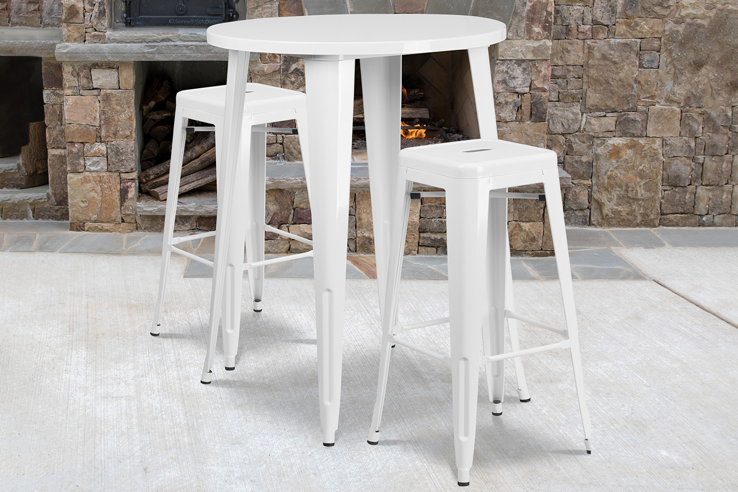 BLNK - Boyd Commercial Round Metal Indoor-Outdoor Bar Table Set with 2 Square Seat Backless Stools