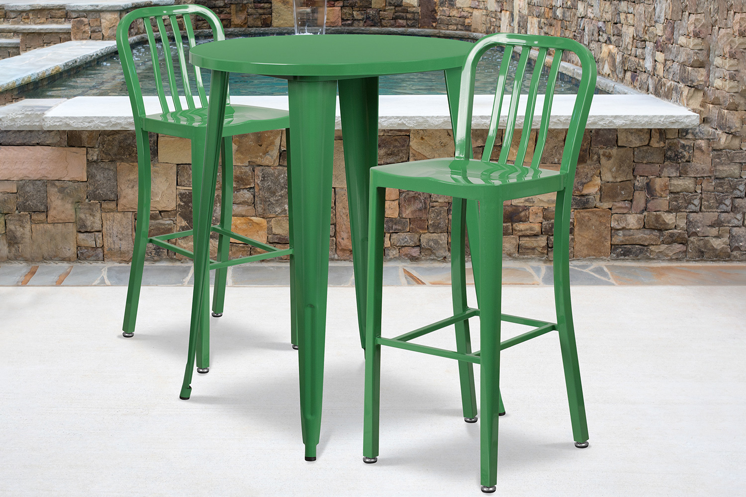 BLNK - Brad Commercial Round Metal Indoor-Outdoor Bar Table Set with 2 Vertical Slat Back Stools