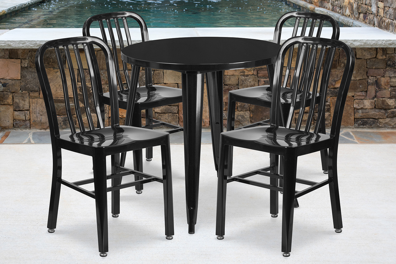 BLNK - Chad Commercial Round Metal Indoor-Outdoor Table Set with 4 Vertical Slat Back Chairs