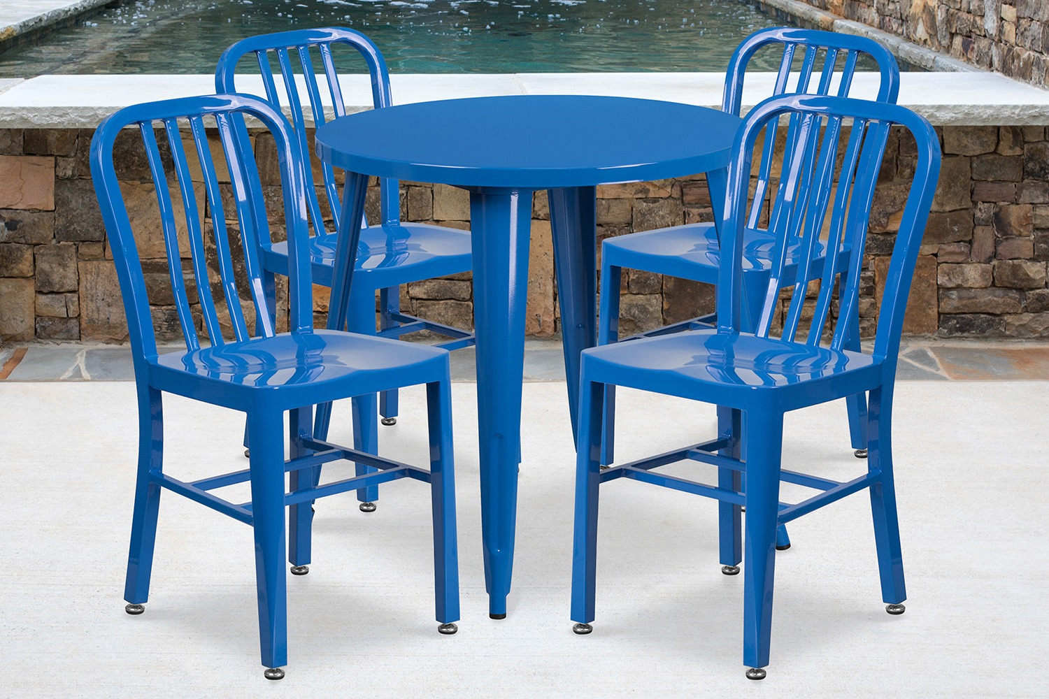 BLNK - Chad Commercial Round Metal Indoor-Outdoor Table Set with 4 Vertical Slat Back Chairs