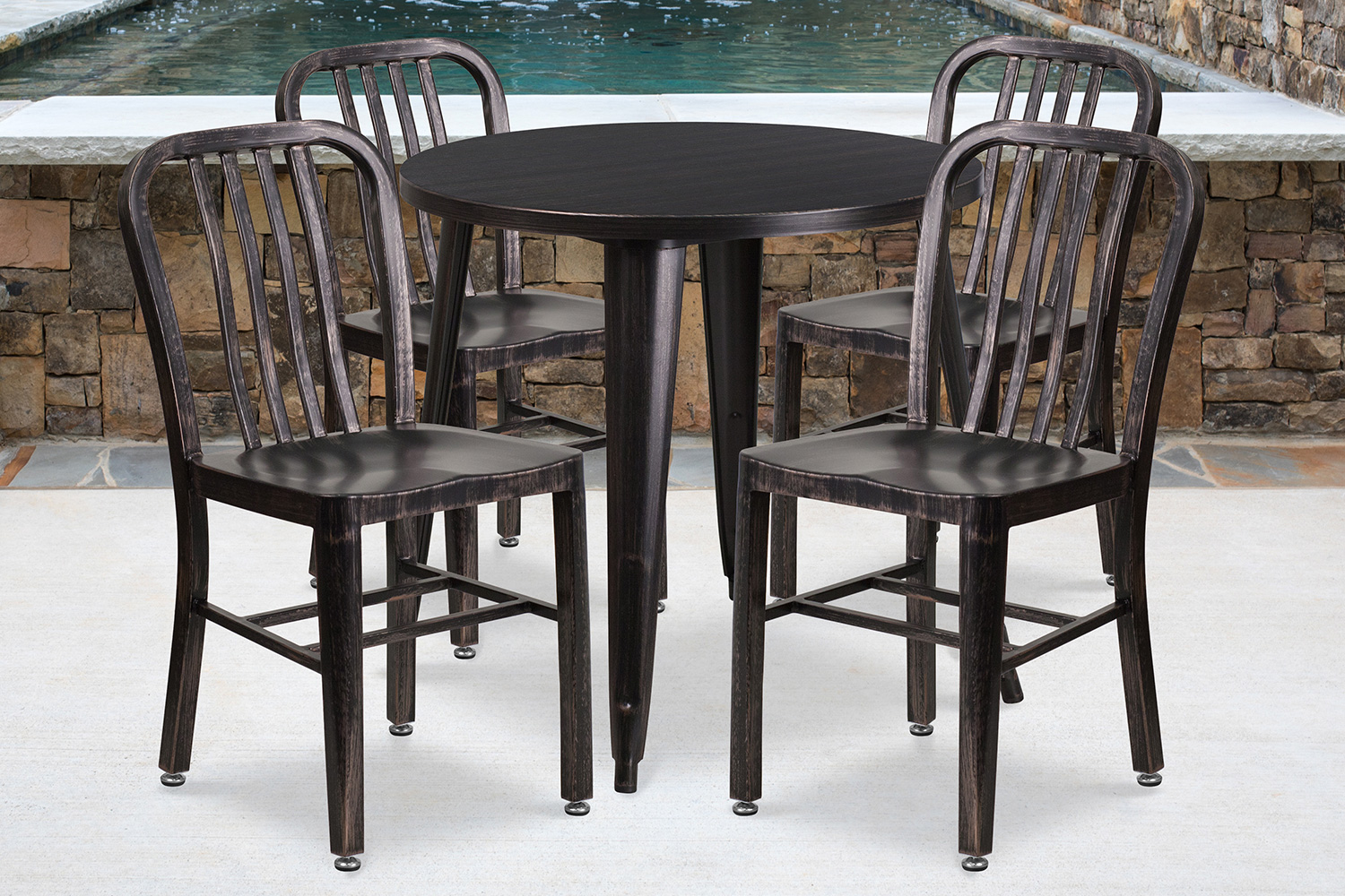 BLNK - Chad Commercial Round Metal Indoor-Outdoor Table Set with 4 Vertical Slat Back Chairs