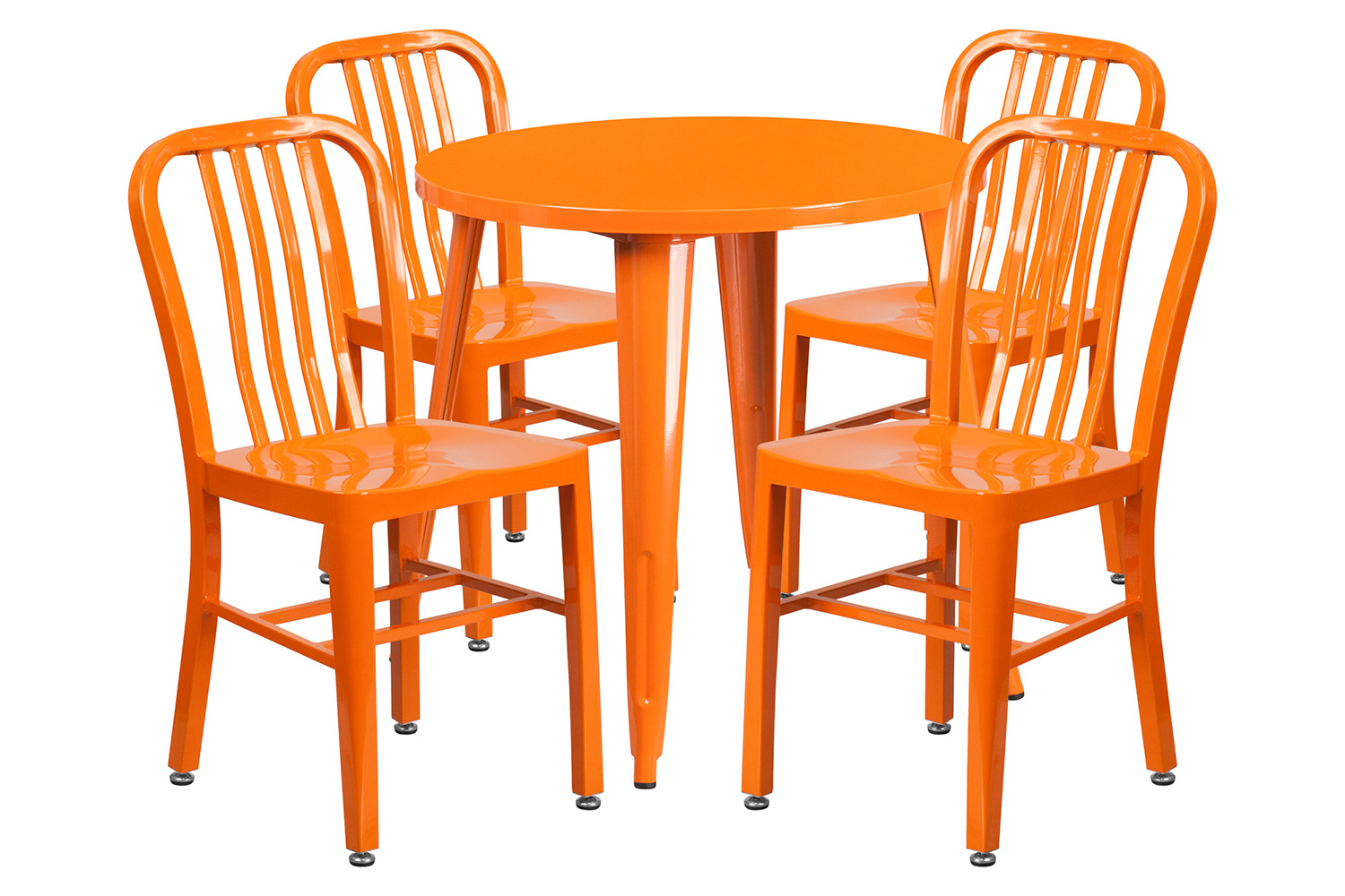 BLNK - Chad Commercial Round Metal Indoor-Outdoor Table Set with 4 Vertical Slat Back Chairs