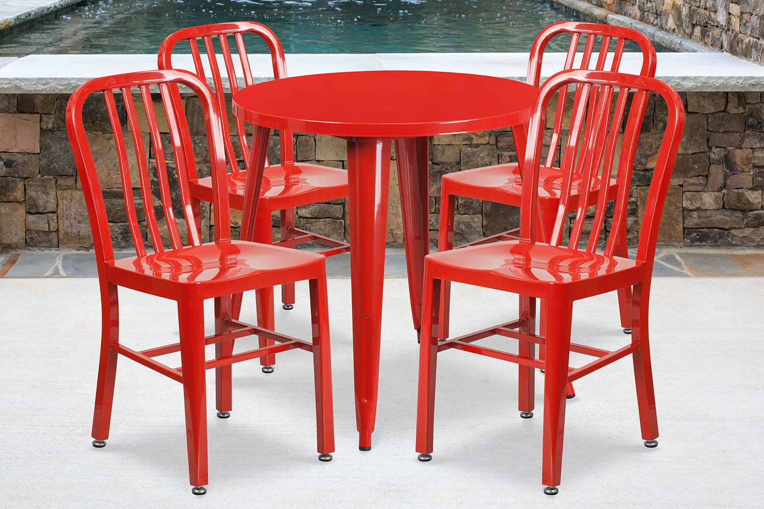 BLNK - Chad Commercial Round Metal Indoor-Outdoor Table Set with 4 Vertical Slat Back Chairs
