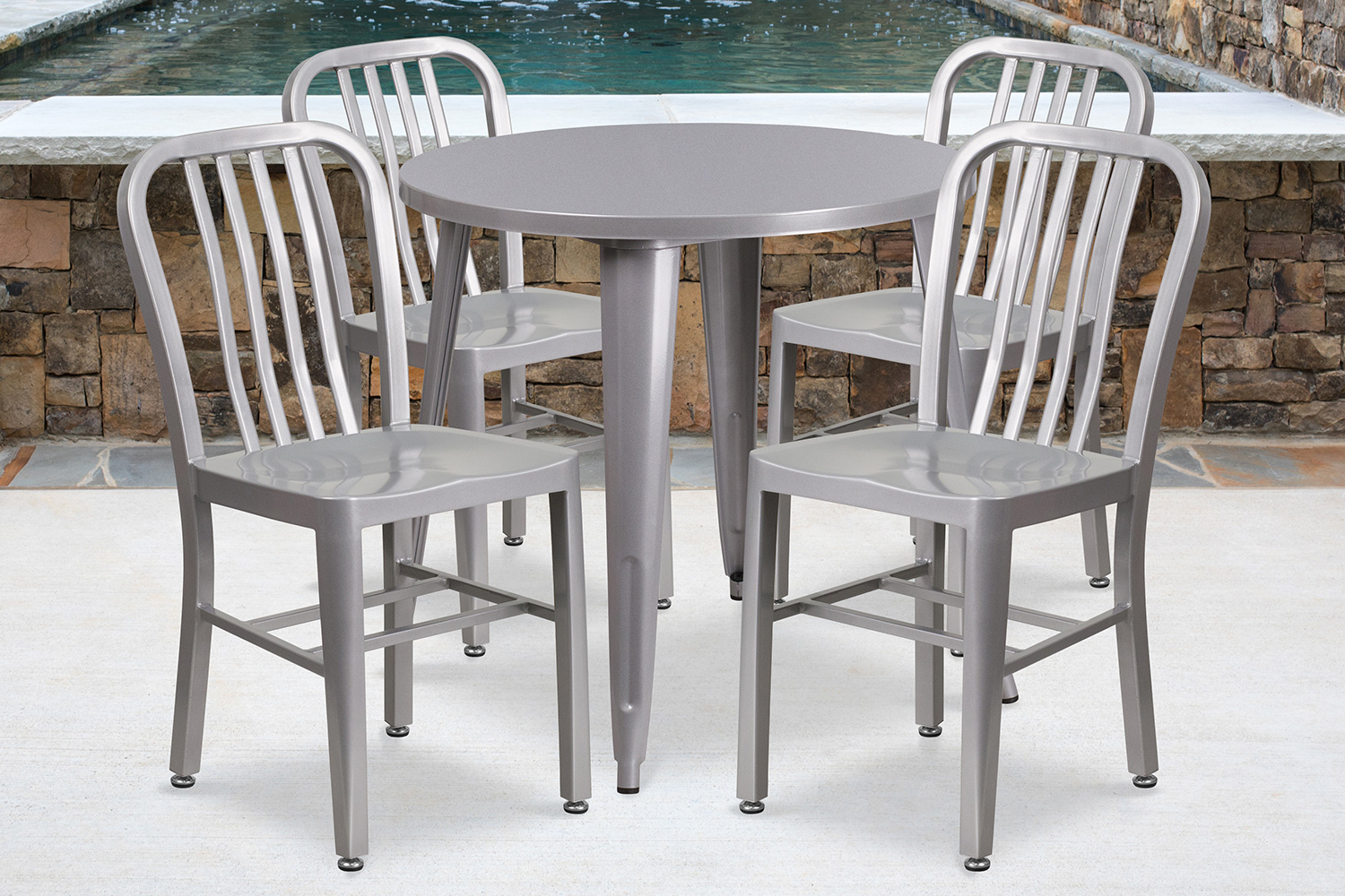 BLNK - Chad Commercial Round Metal Indoor-Outdoor Table Set with 4 Vertical Slat Back Chairs