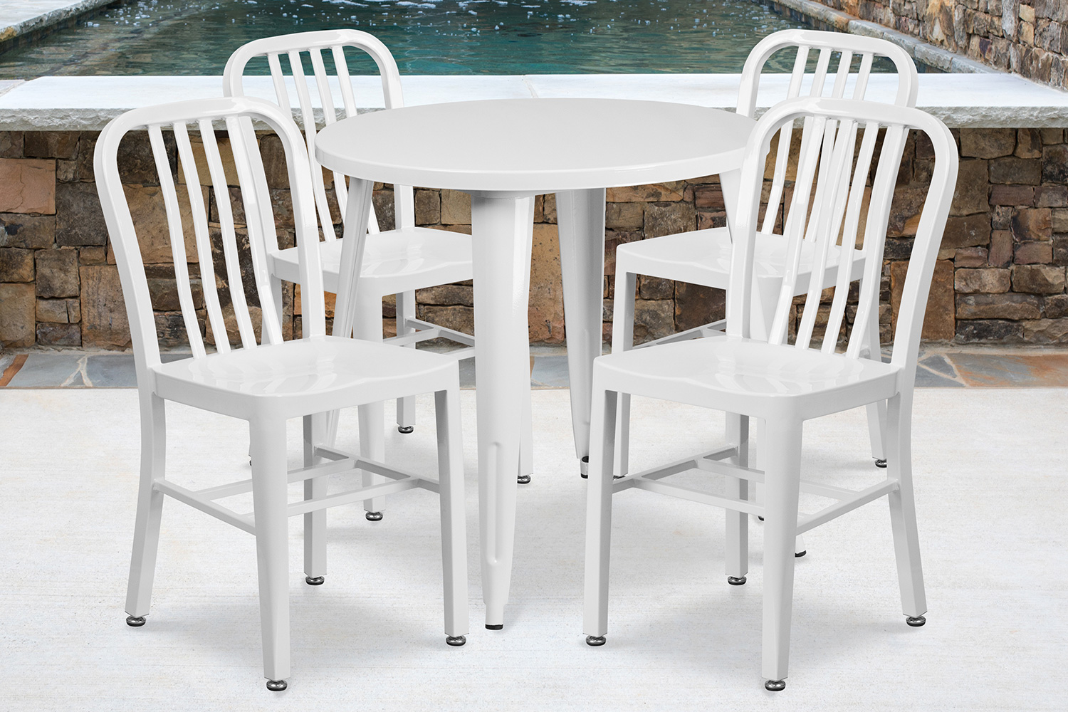 BLNK - Chad Commercial Round Metal Indoor-Outdoor Table Set with 4 Vertical Slat Back Chairs