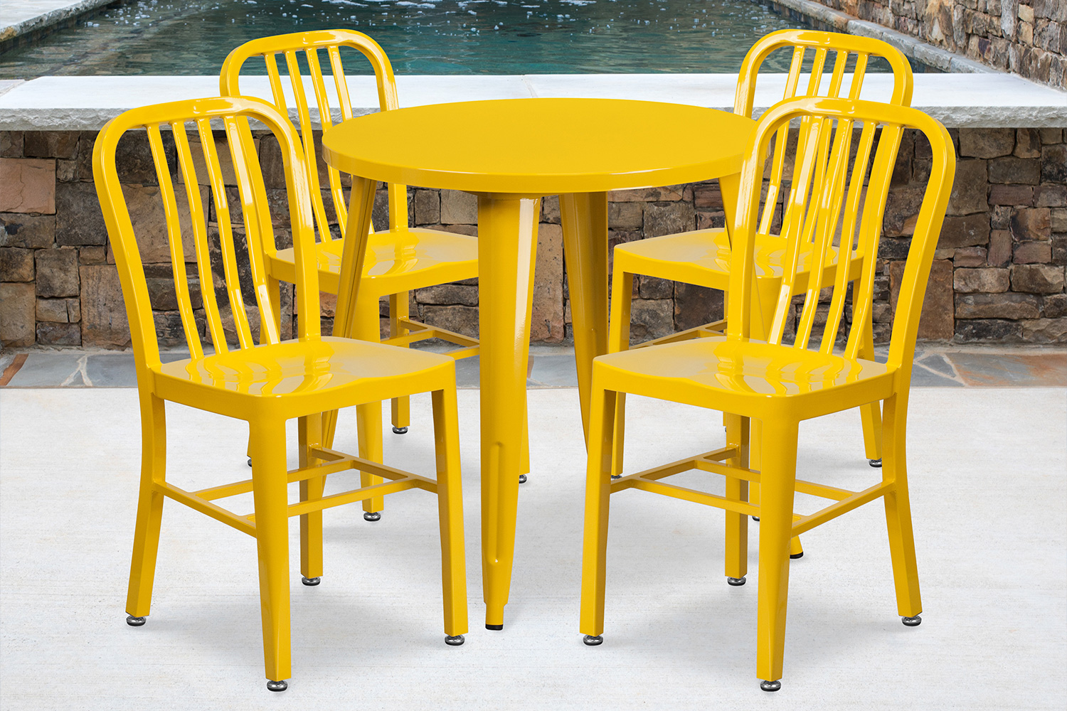 BLNK - Chad Commercial Round Metal Indoor-Outdoor Table Set with 4 Vertical Slat Back Chairs