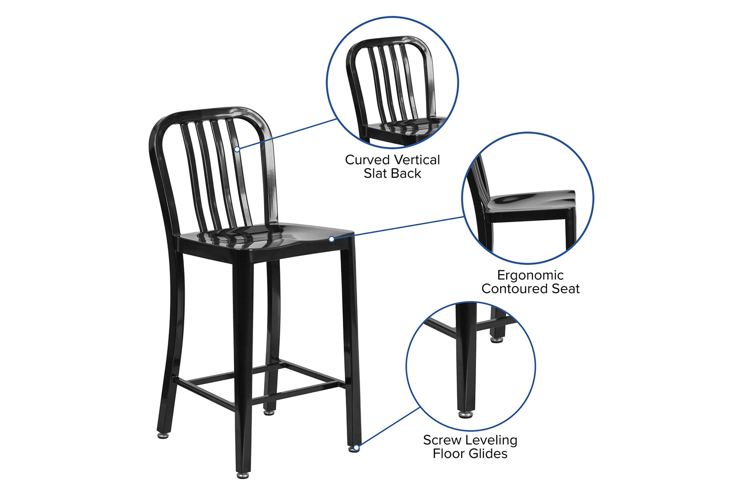 BLNK Gael Commercial Metal Indoor-Outdoor Counter Height Stool with Vertical Slat Back - Black