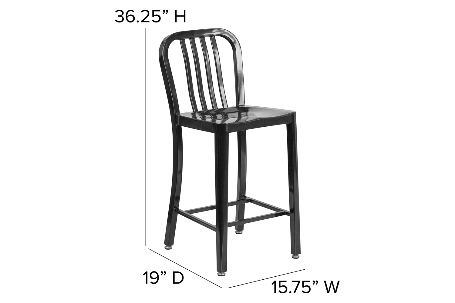 BLNK Gael Commercial Metal Indoor-Outdoor Counter Height Stool with Vertical Slat Back - Black
